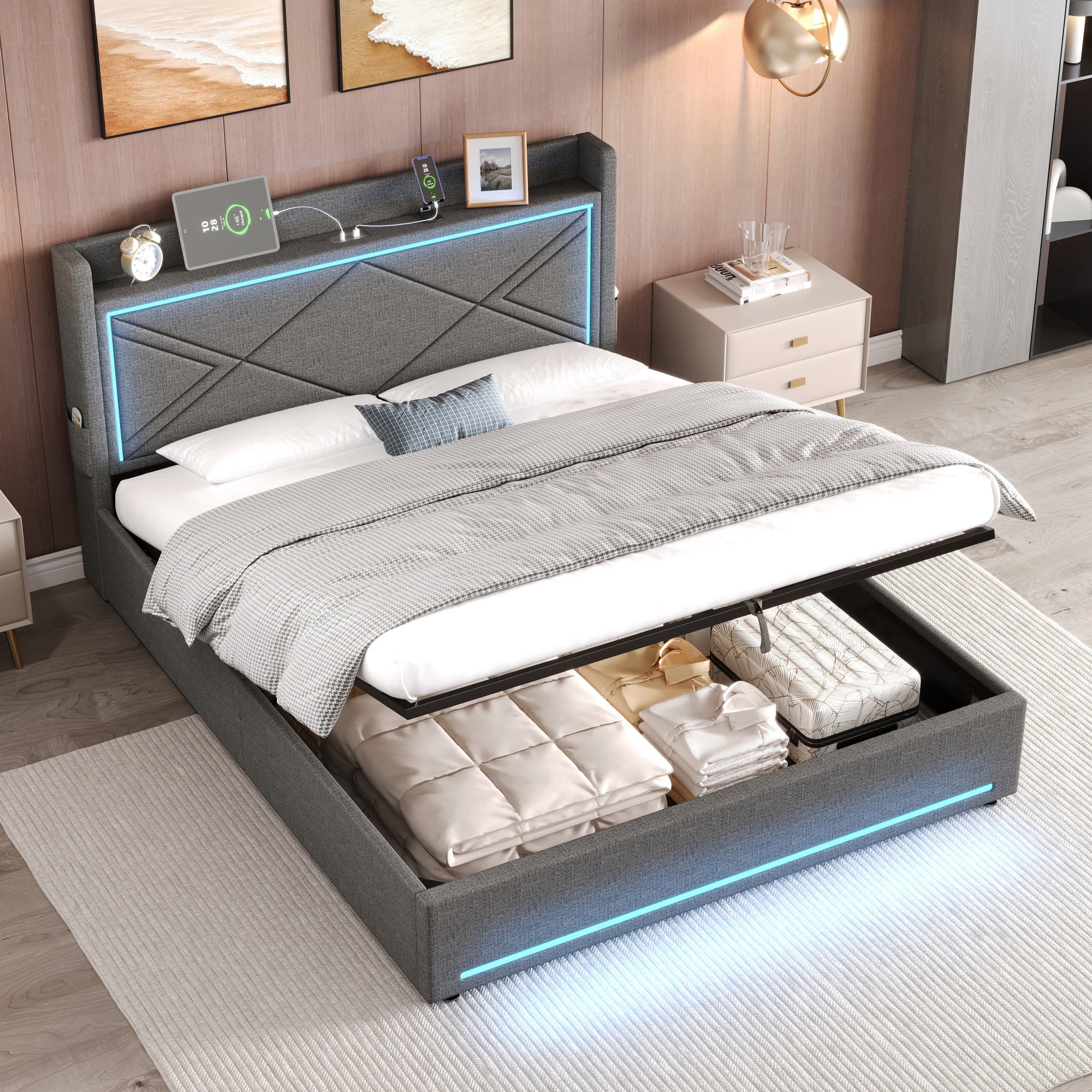 4ft6 Double Upholstered Bed Frame, Hydraulic Storage LED Charging Station, Grey Linen