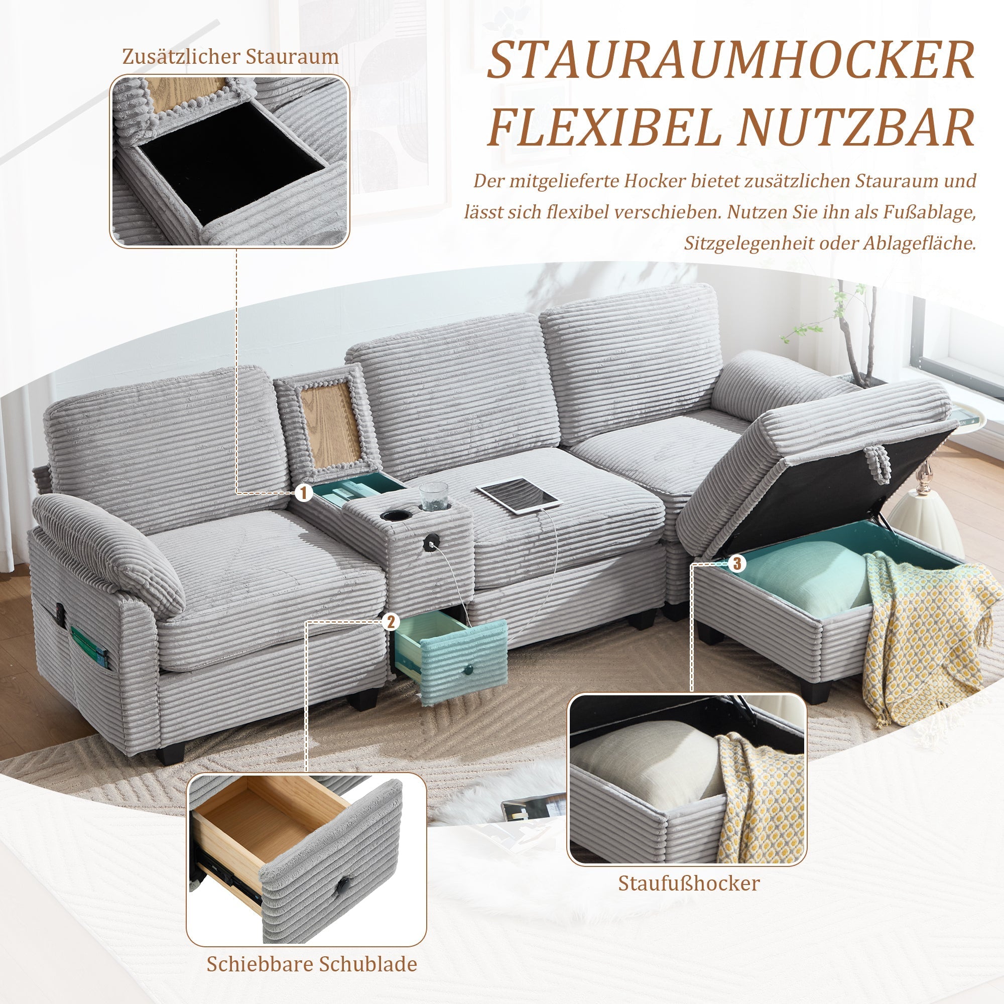 Corduroy Sofa Large Comfort Foam Console USB-C Storage Drawer Ottoman