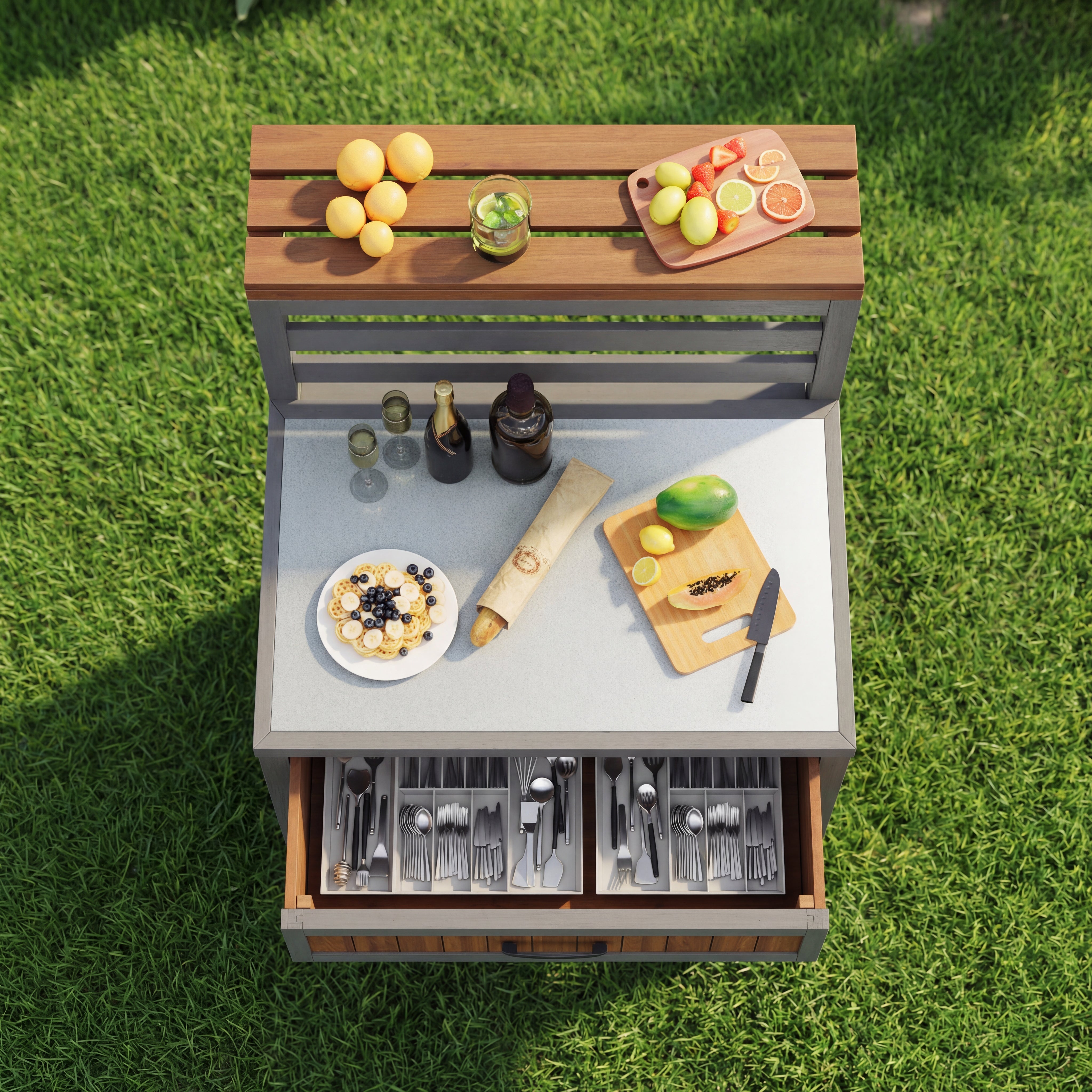 Outdoor Garden Cabinet with Stainless Steel Worktop and Large Drawer, Weatherproof Wood