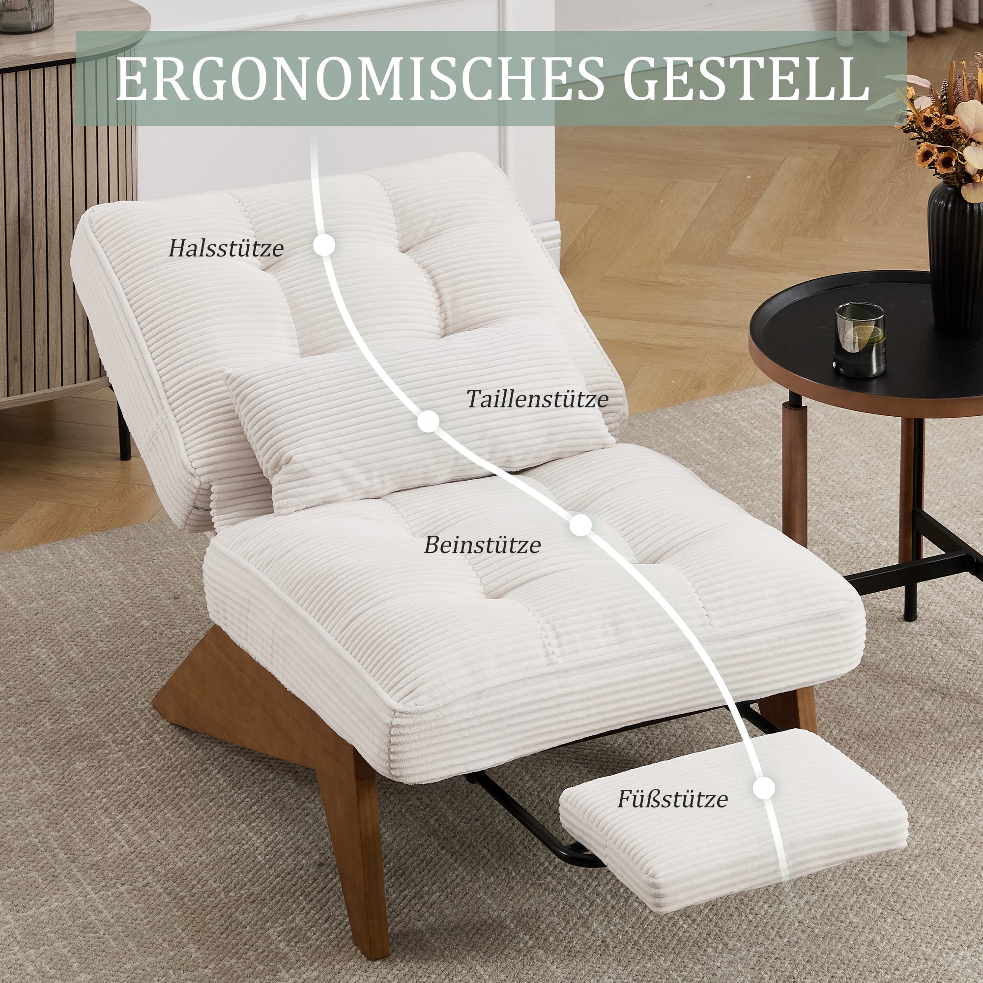 Modern Adjustable Backless Lounge Chair with Footrest, Lumbar Cushion, and Wooden Legs, Fabric