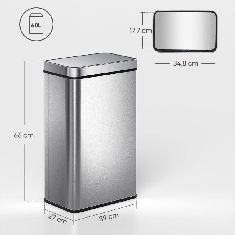Sensor-Activated Waste Bin, 60L Automatic Lid, Stainless Steel, Silver-Colored