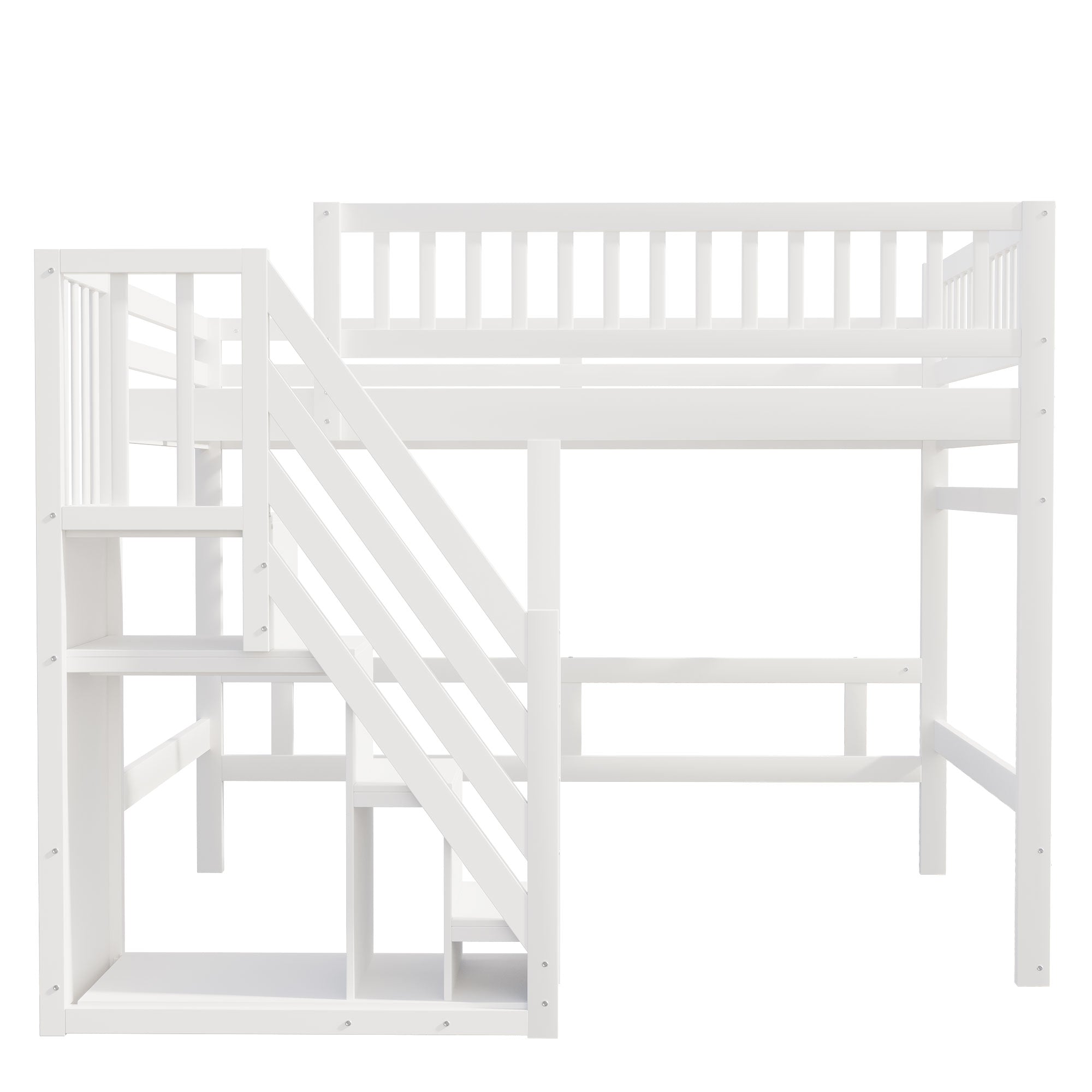 Solid Wood Bed, 140x200 with Stairs & Storage, High Railing, White