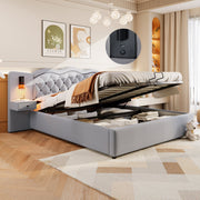 Upholstered Flat Bed with Hydraulic Lifting Mechanism, USB Ports and Storage, Grey