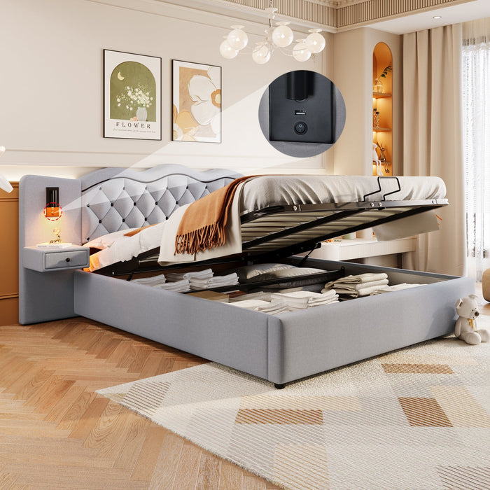 Upholstered Flat Bed with Hydraulic Lifting Mechanism, USB Ports and Storage, Grey