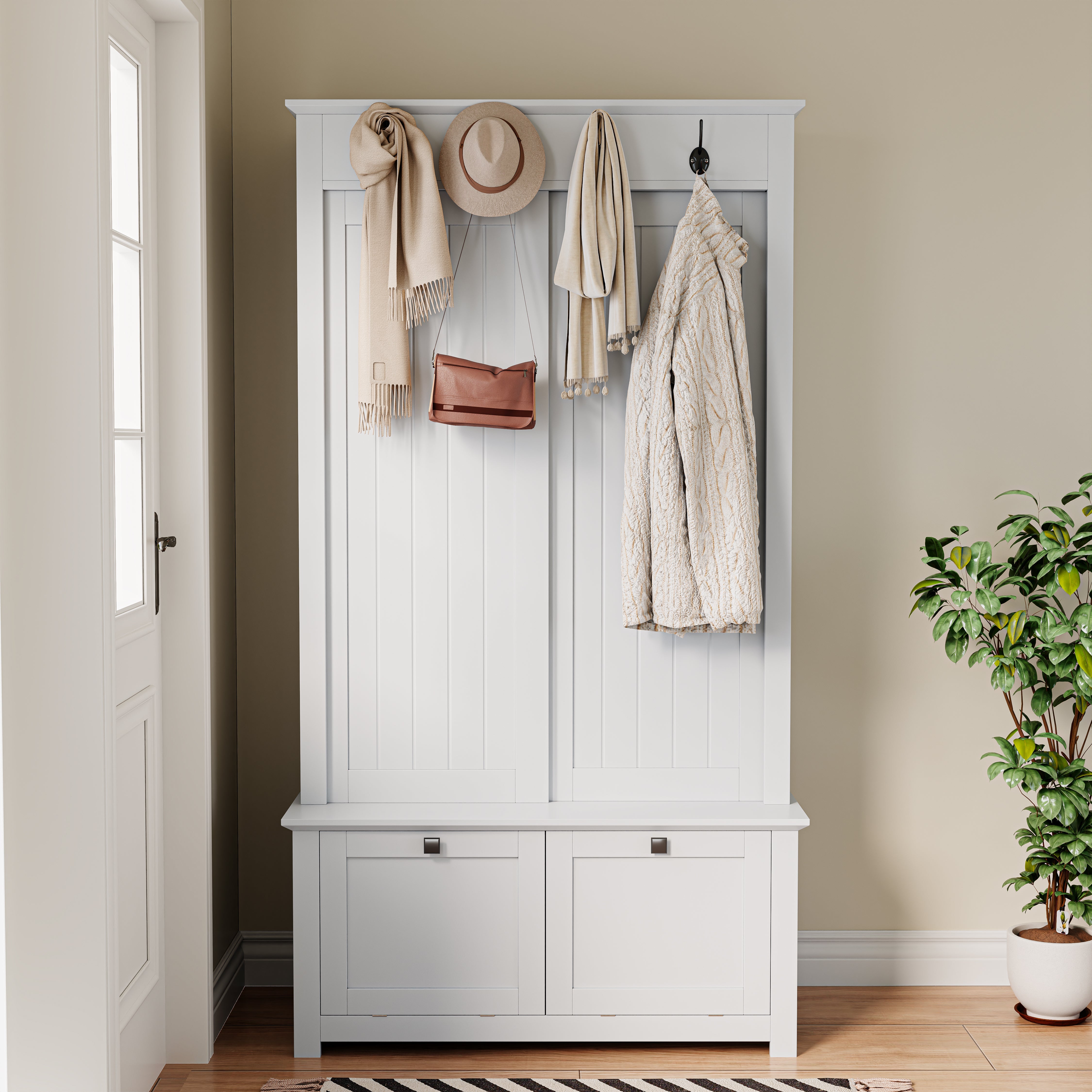 Minimalist Wardrobe Set with Shoe Cabinet, Hooks & Storage - White