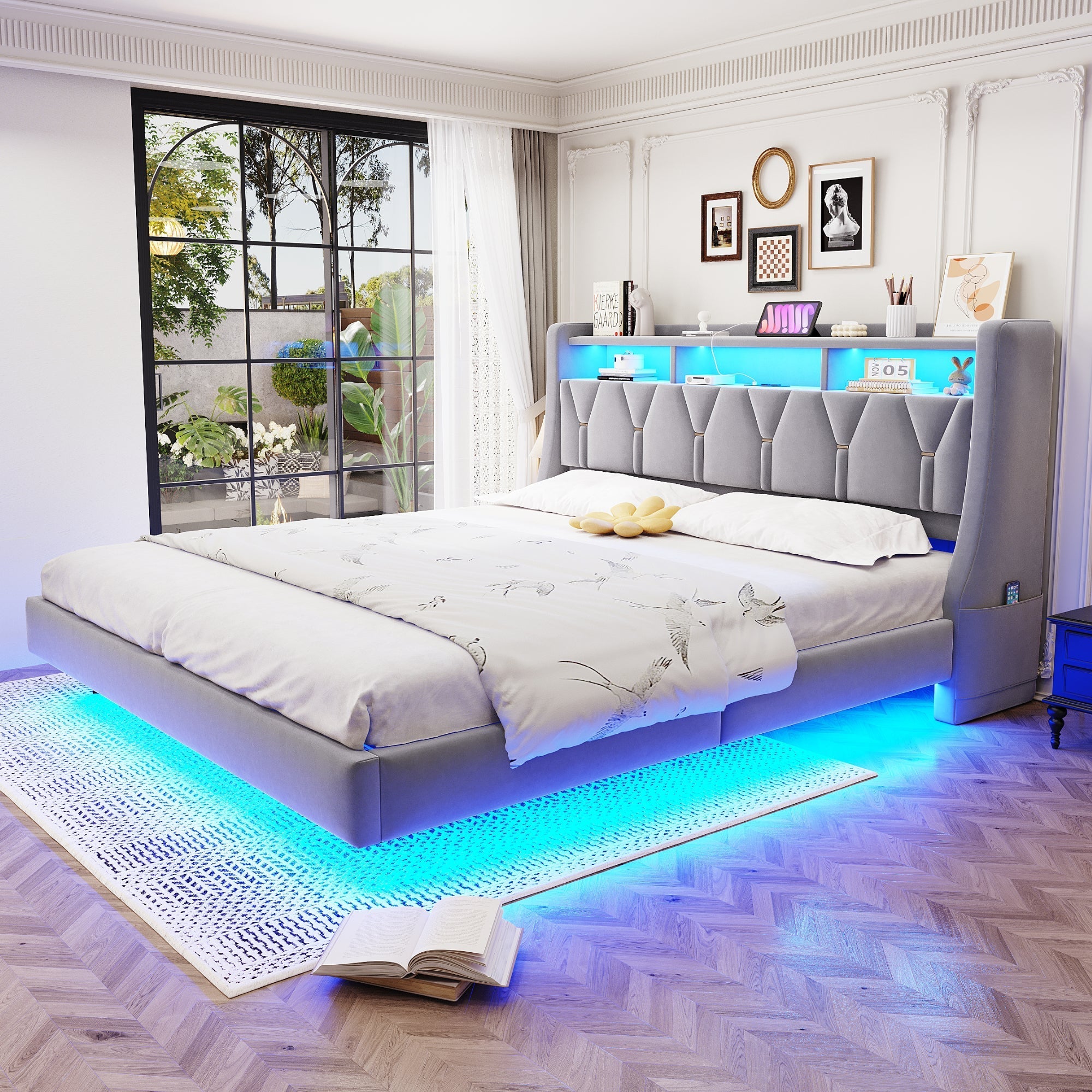 Upholstered Bed 180x200cm Hydraulic Storage Headboard with LED Socket Floating Design Light Grey Velvet