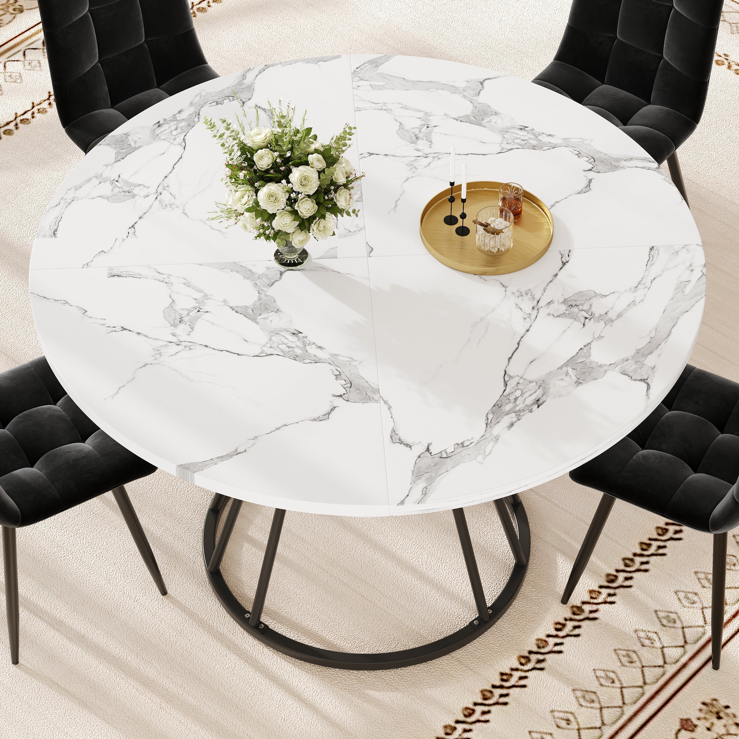 Round Dining Table with Metal Legs and Storage Shelf, Marble Pattern Gold and Black