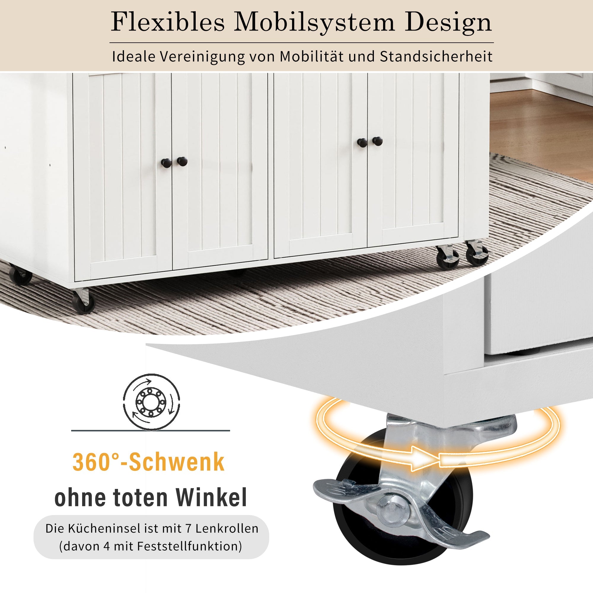Kitchen Island on Wheels, Extendable with Worktop & Drawers, White + Walnut