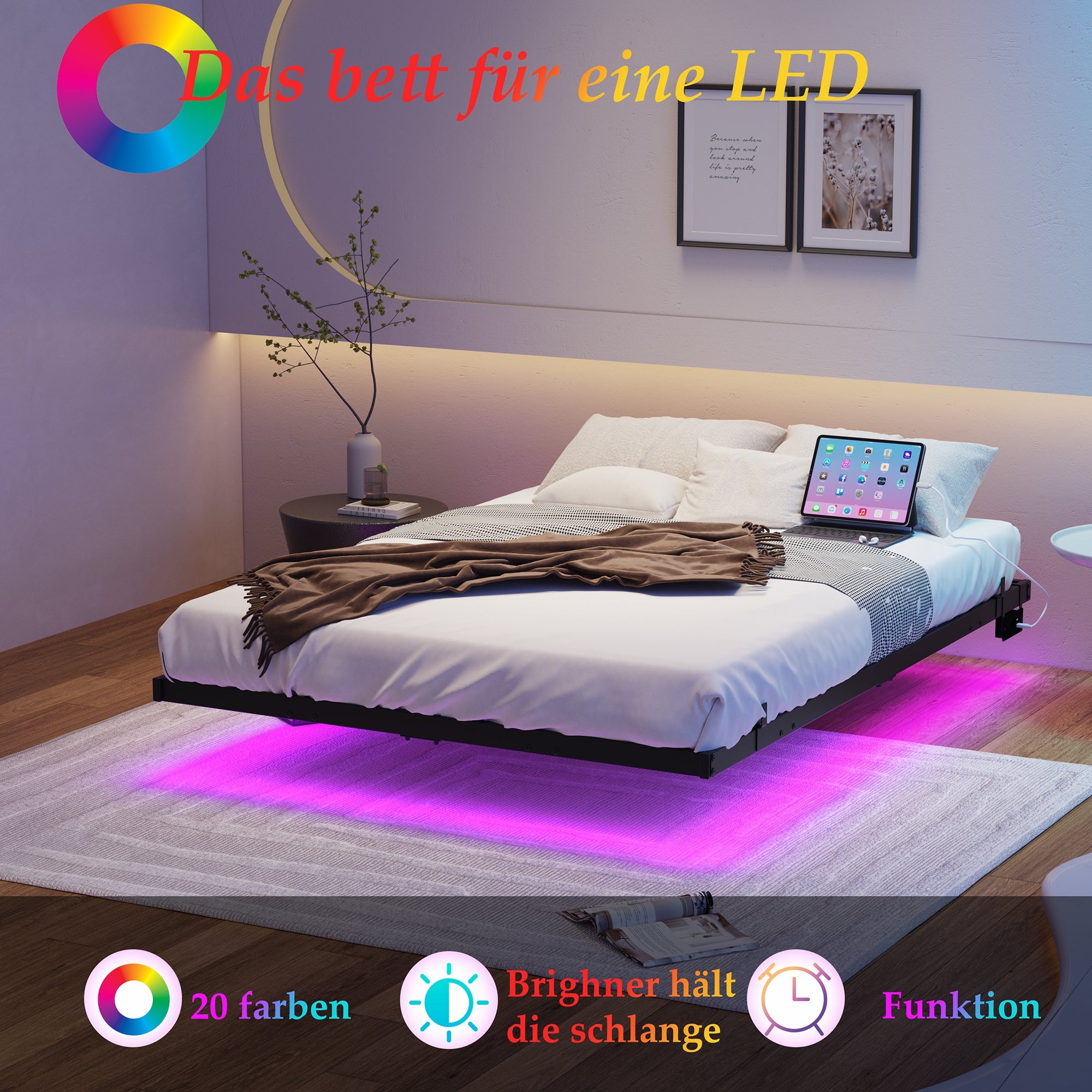 Floating Bed Frame 140x200cm LED & Charging Station, Metal Black