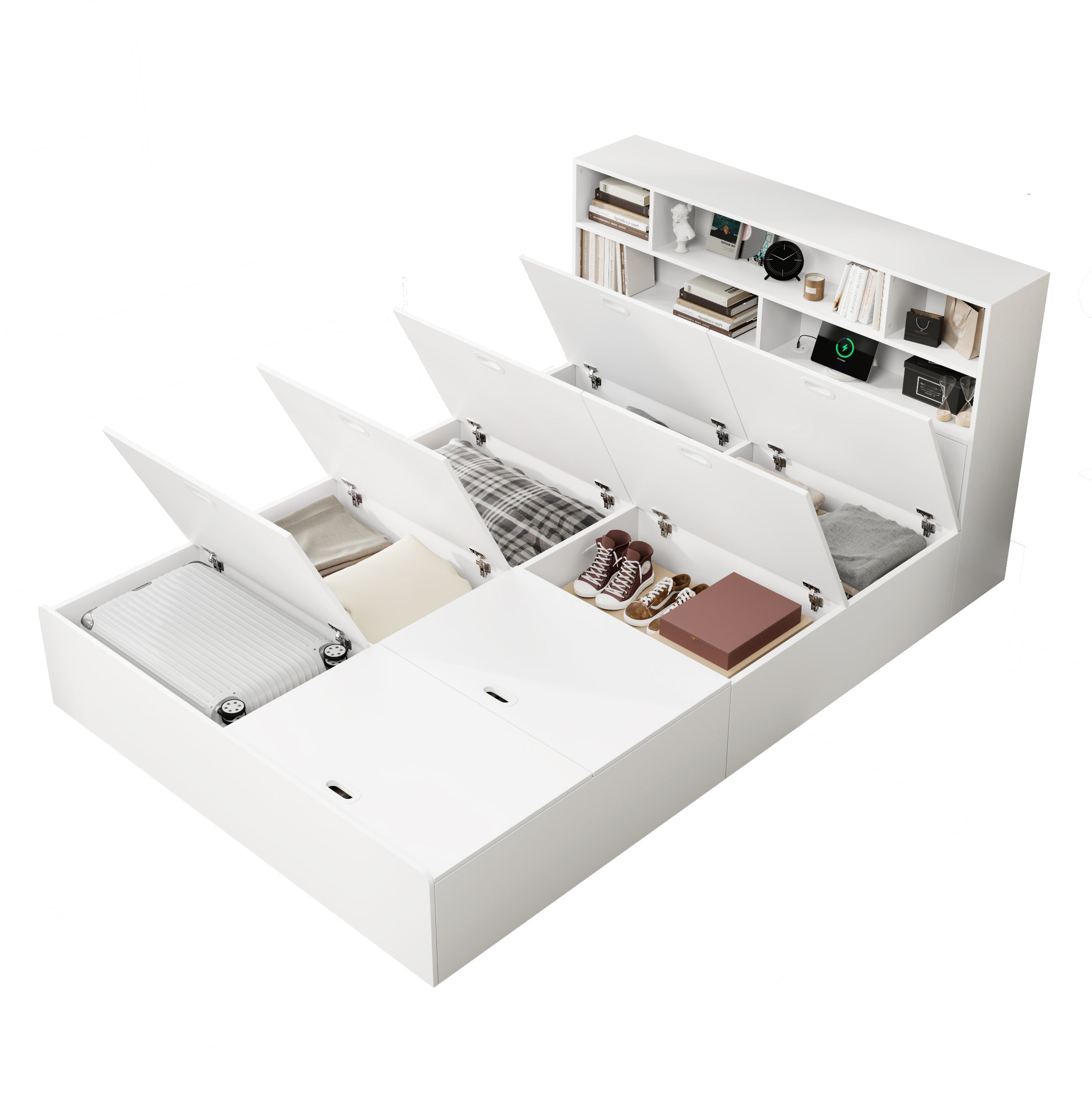 Double Storage Bed 140x200cm Solid Wood with USB Port & Under Bed Storage White