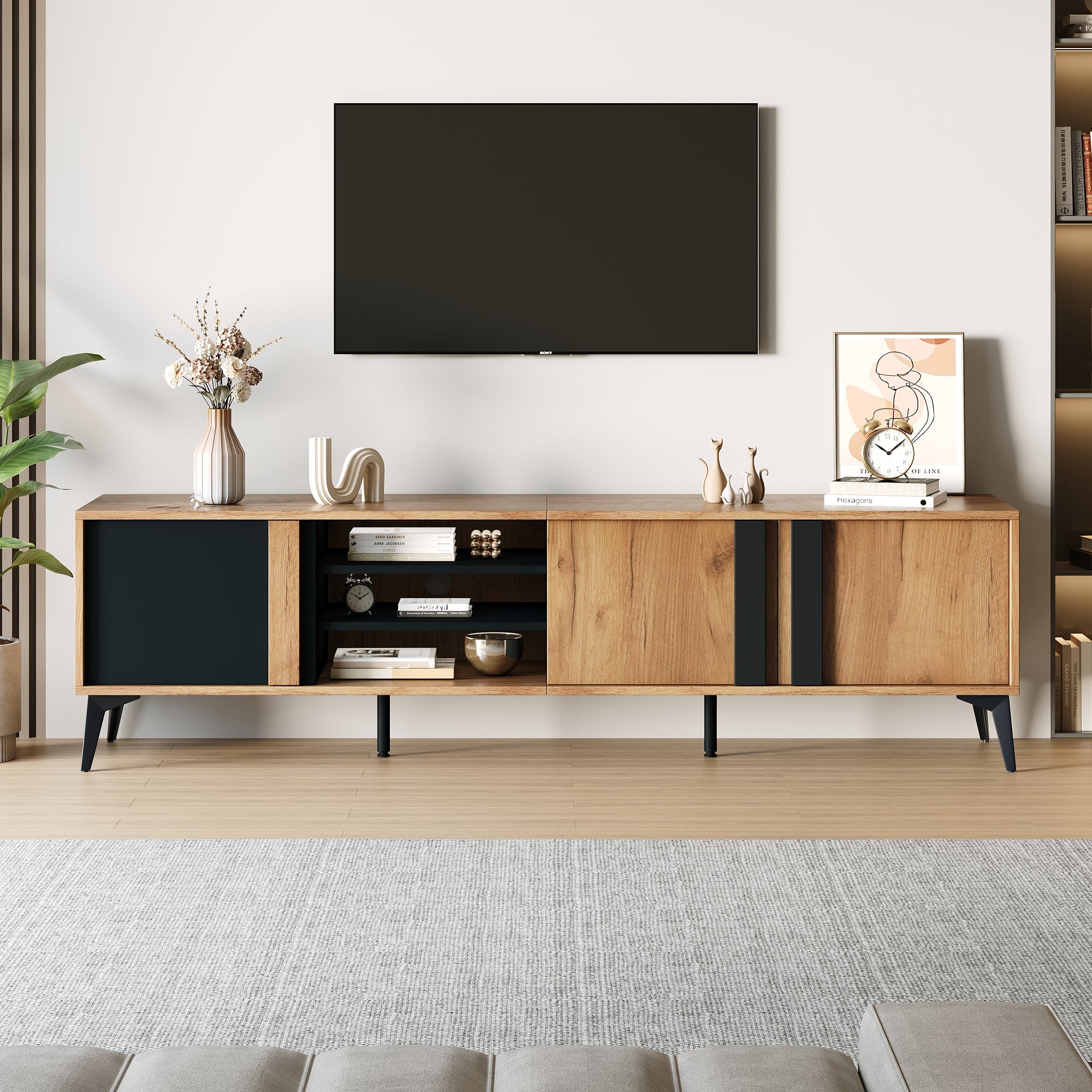 TV Cabinet, Lowboard TV Unit with Door & Open Compartment, 180cm, Rustic Brown