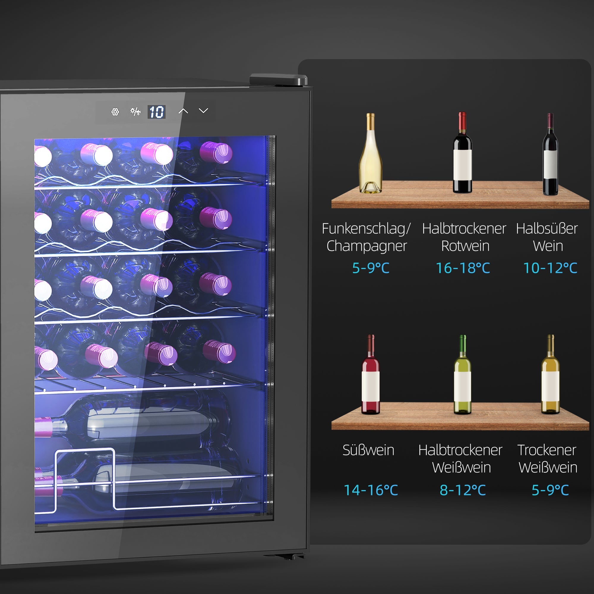 Wine Cooler 20 Bottle 53L 5-18°C Compressor Anti-UV LED Touch Screen, Black