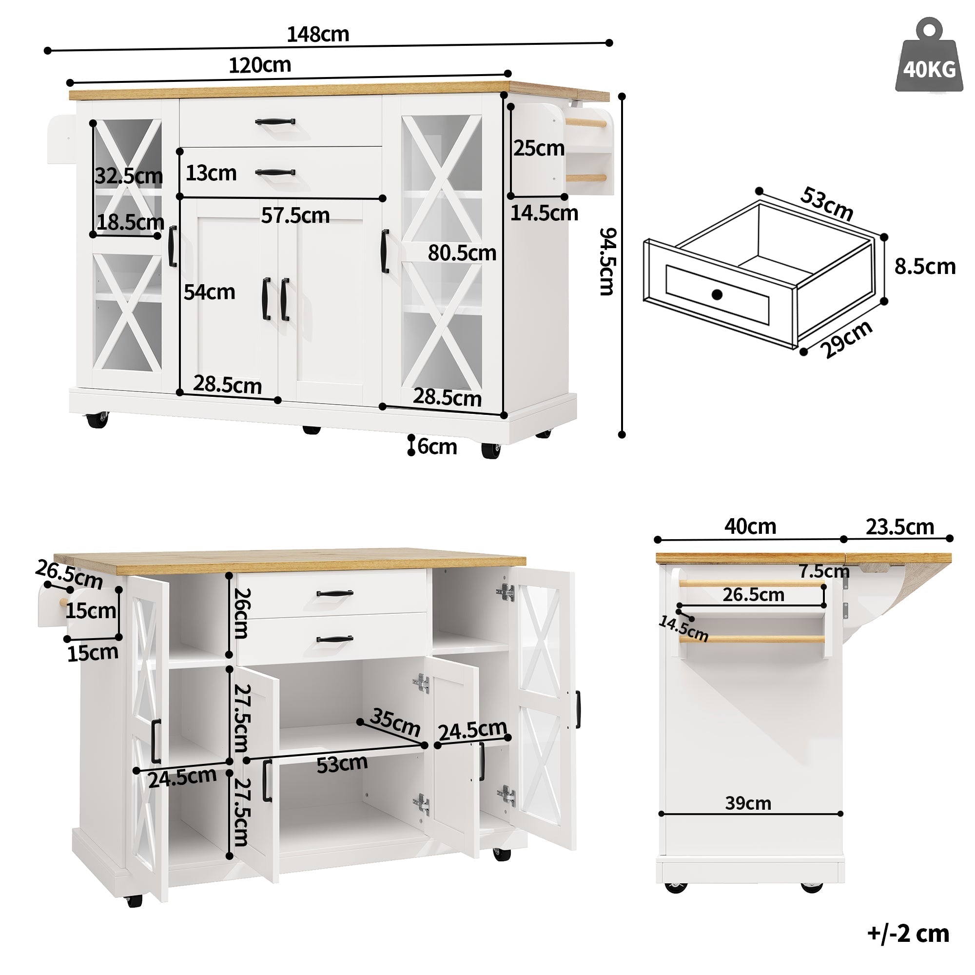 Mobile Kitchen Island Serving Trolley 4 Doors Glass Drawers Adjustable Shelves - White