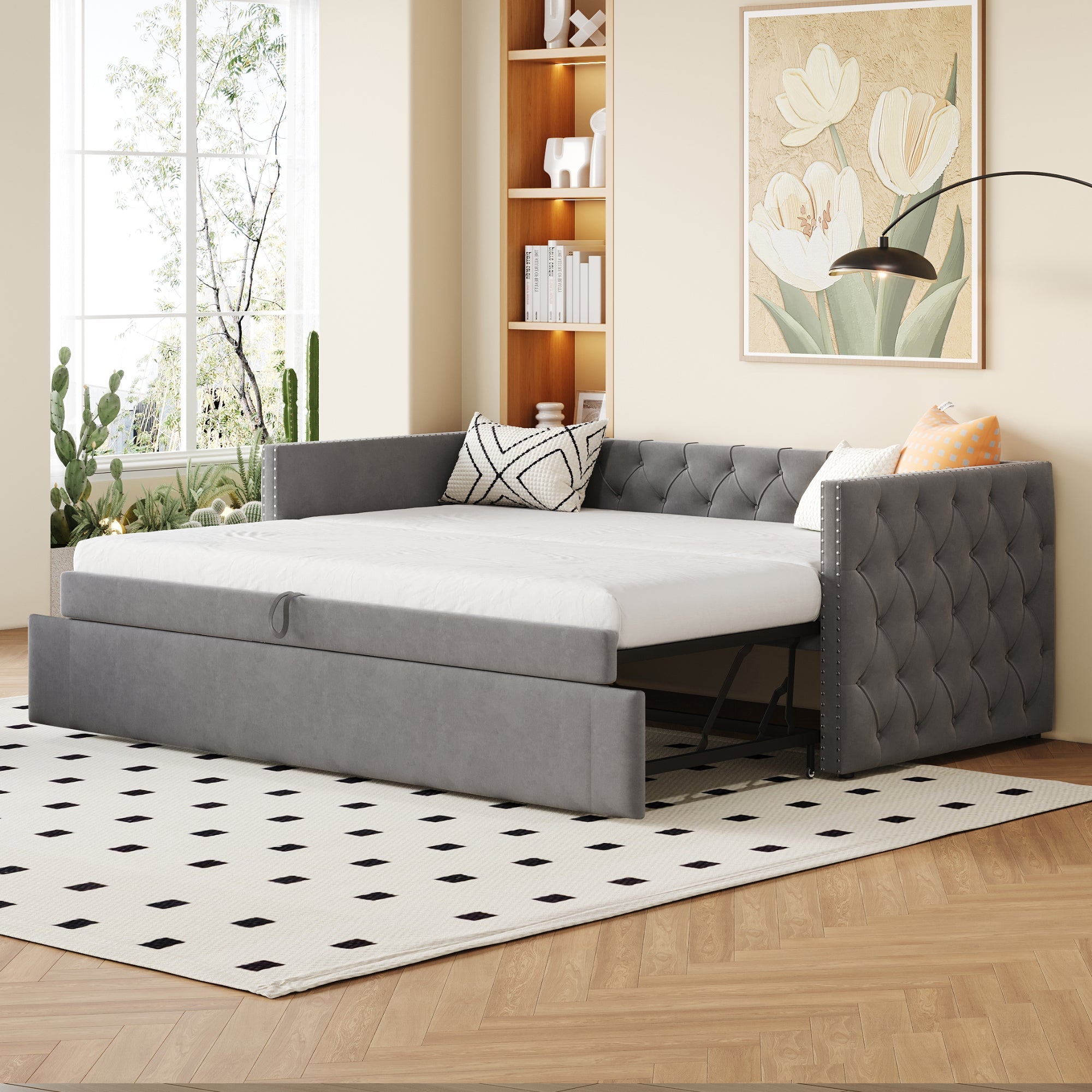 Upholstered Bed Sofa Bed, 90x200cm Multifunctional Guest, Grey Velvet