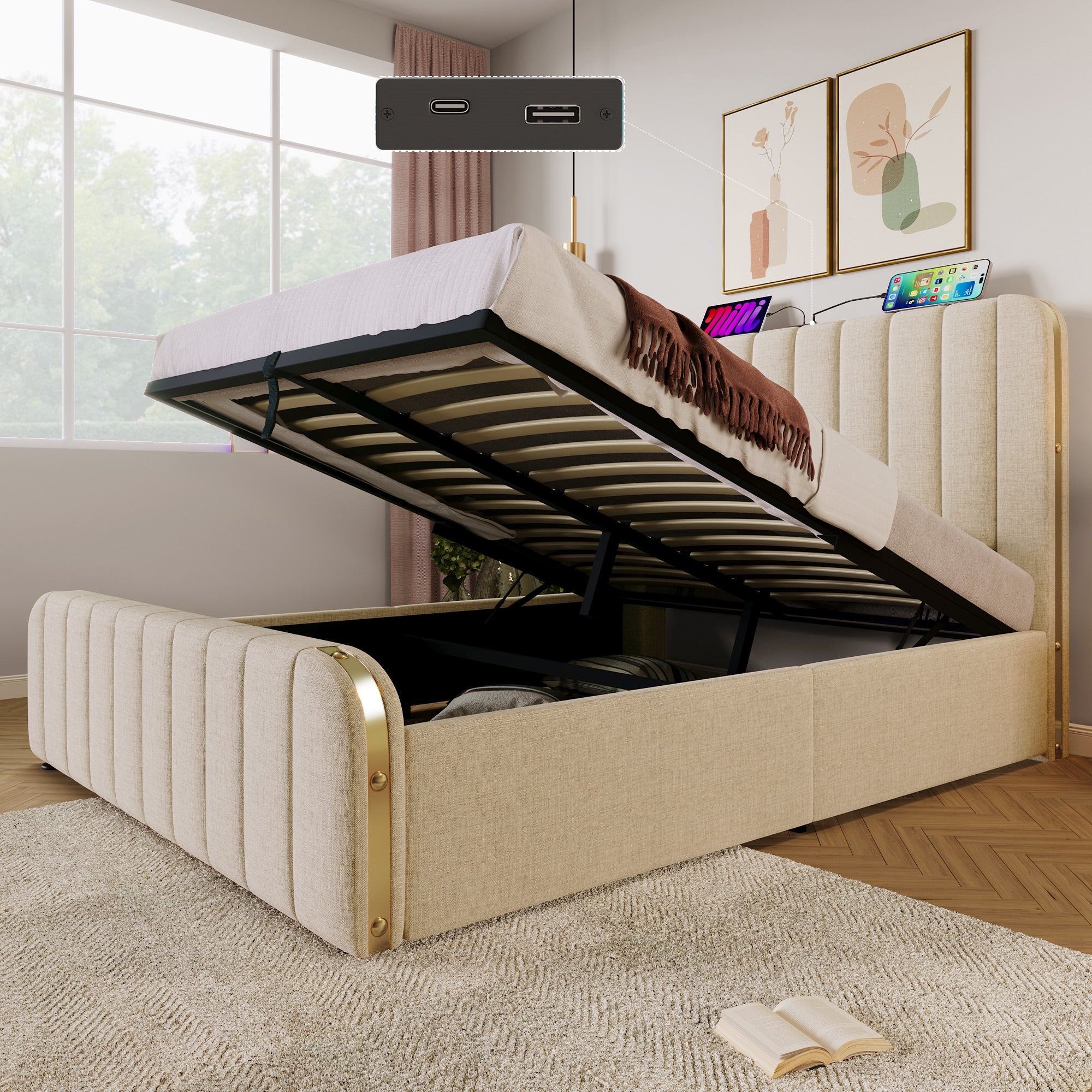 Upholstered Hydraulic Storage Bed with USB Type-C and Gold Decor, 160x200cm, Beige Linen