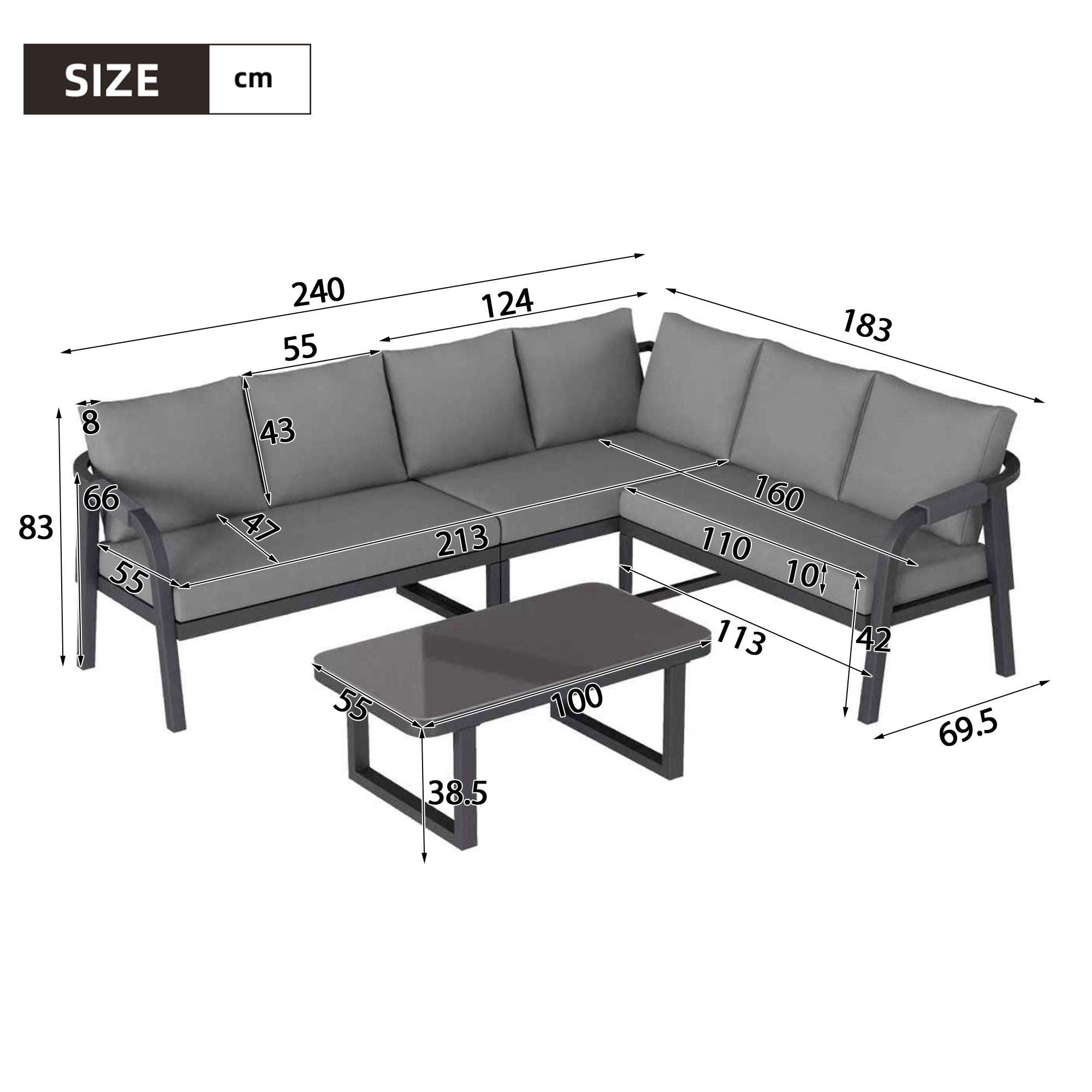 Garden Furniture Set with Corner Sofa and Coffee Table, Seats 6, Grey Galvanized Steel