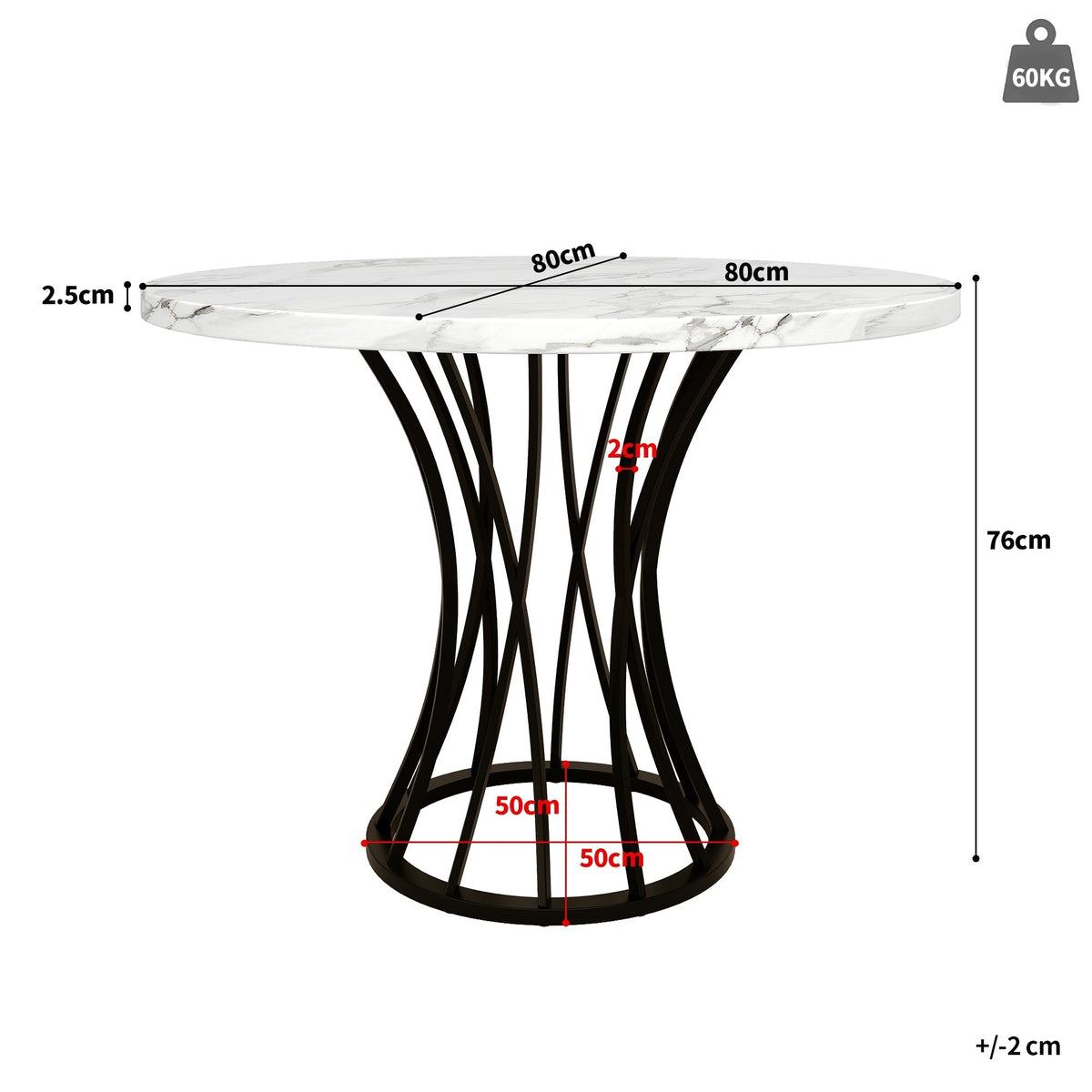 Round Dining Table 80x80cm Marbled Top 4-6 Seater - Black Legs