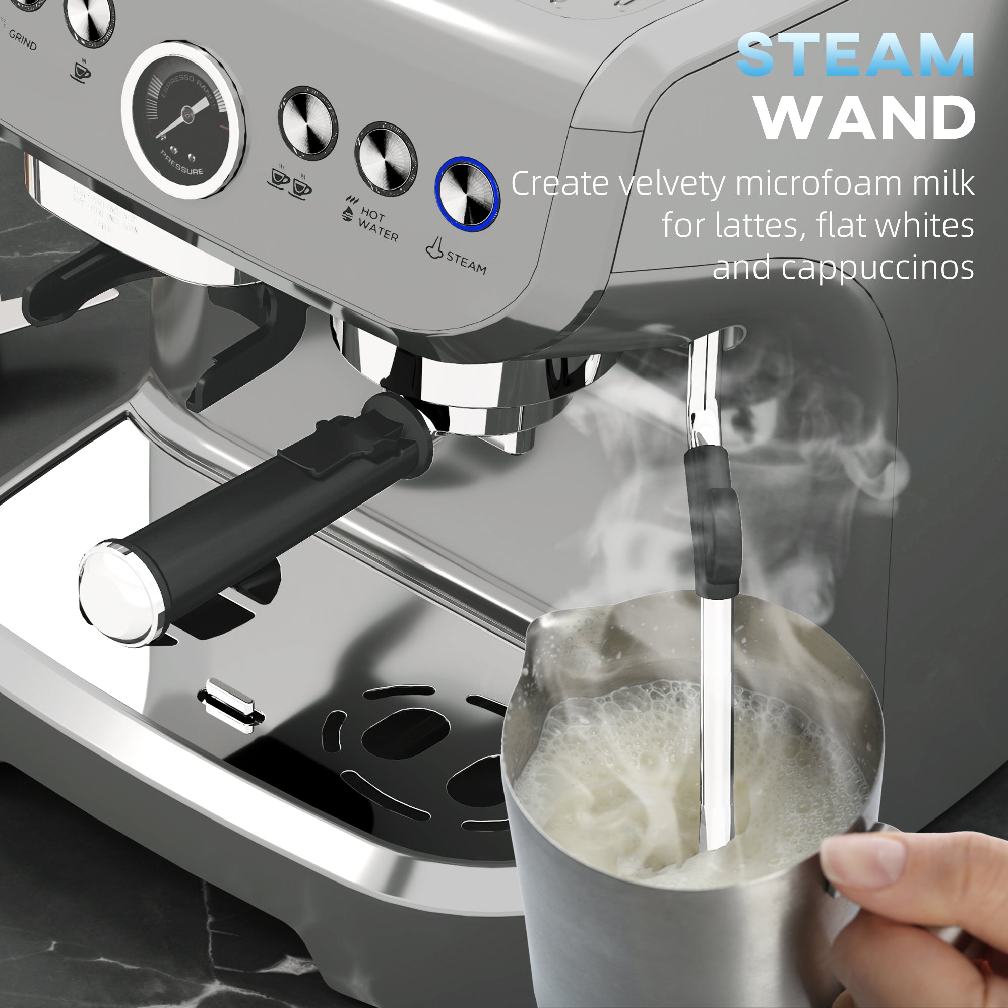 15 Bar Coffee Machine, Adjustable Grind Steamer, Silver