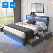 Upholstered Bed 160x200cm USB LED 4 Drawers - Grey PU