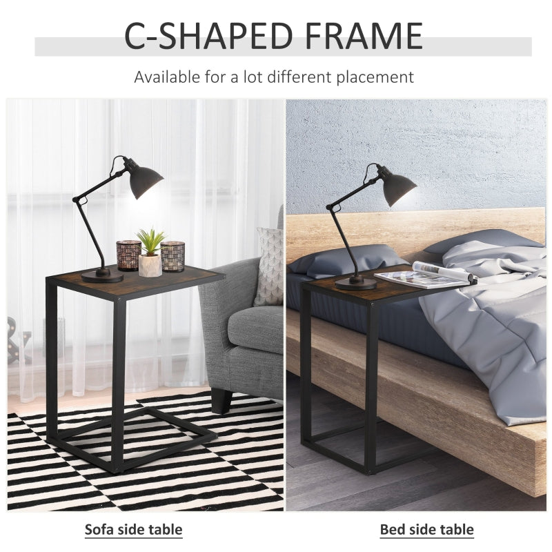 C-Shaped Side Table Bedside Accent Couch Table Metal Frame, Brown and Black