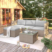 Polyrattan Lounge Sofa Set with Cushions and Glass Top Table, Khaki