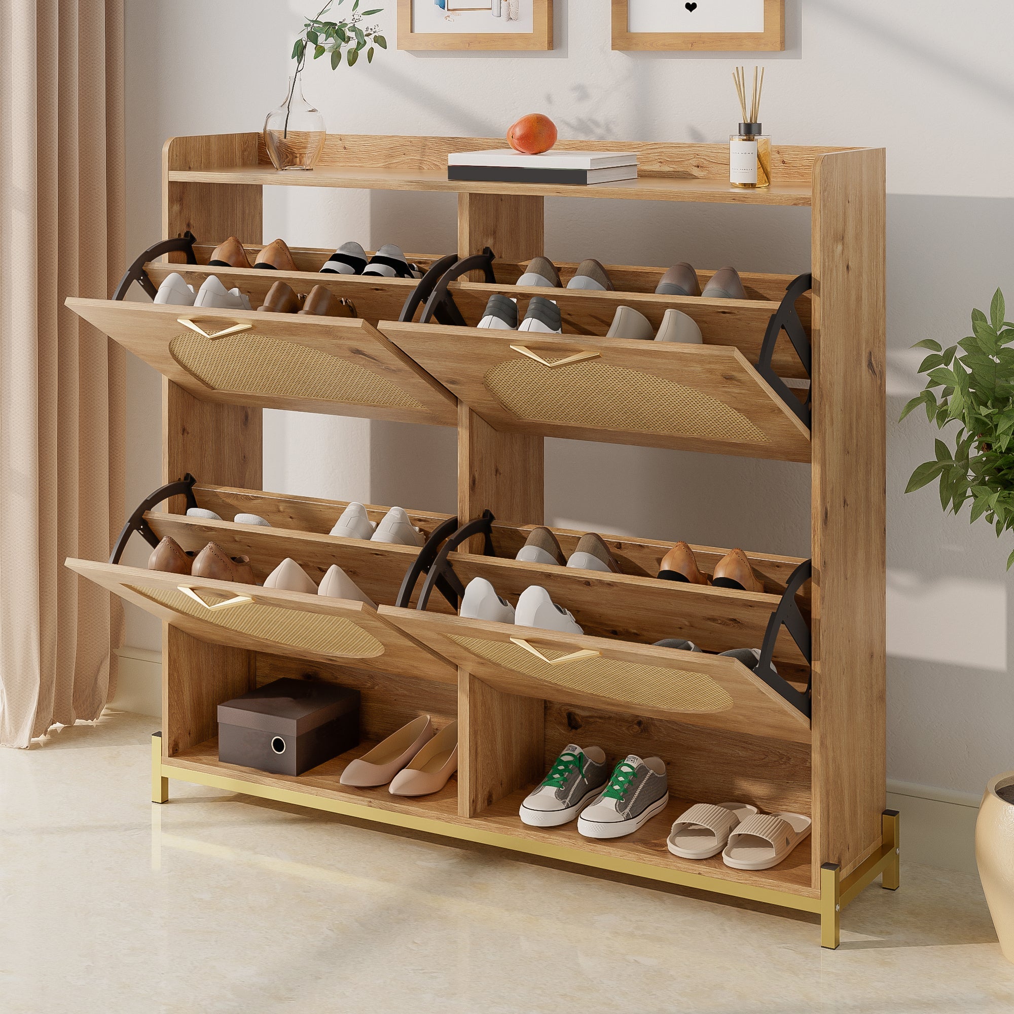Shoe Cabinet, 4 Doors Metal Frame Top Shelf, Wooden Rattan