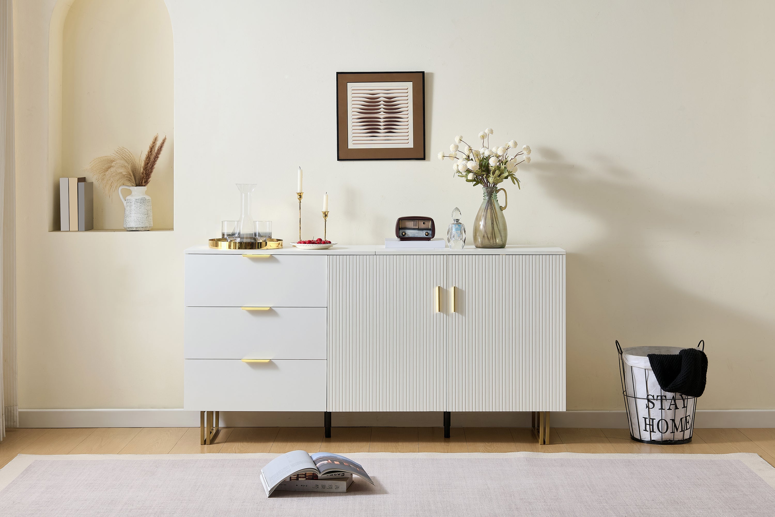 Modern Sideboard with 2 Doors and 3 Drawers, 160cm Storage Cabinet with Gold Steel Legs, White MDF