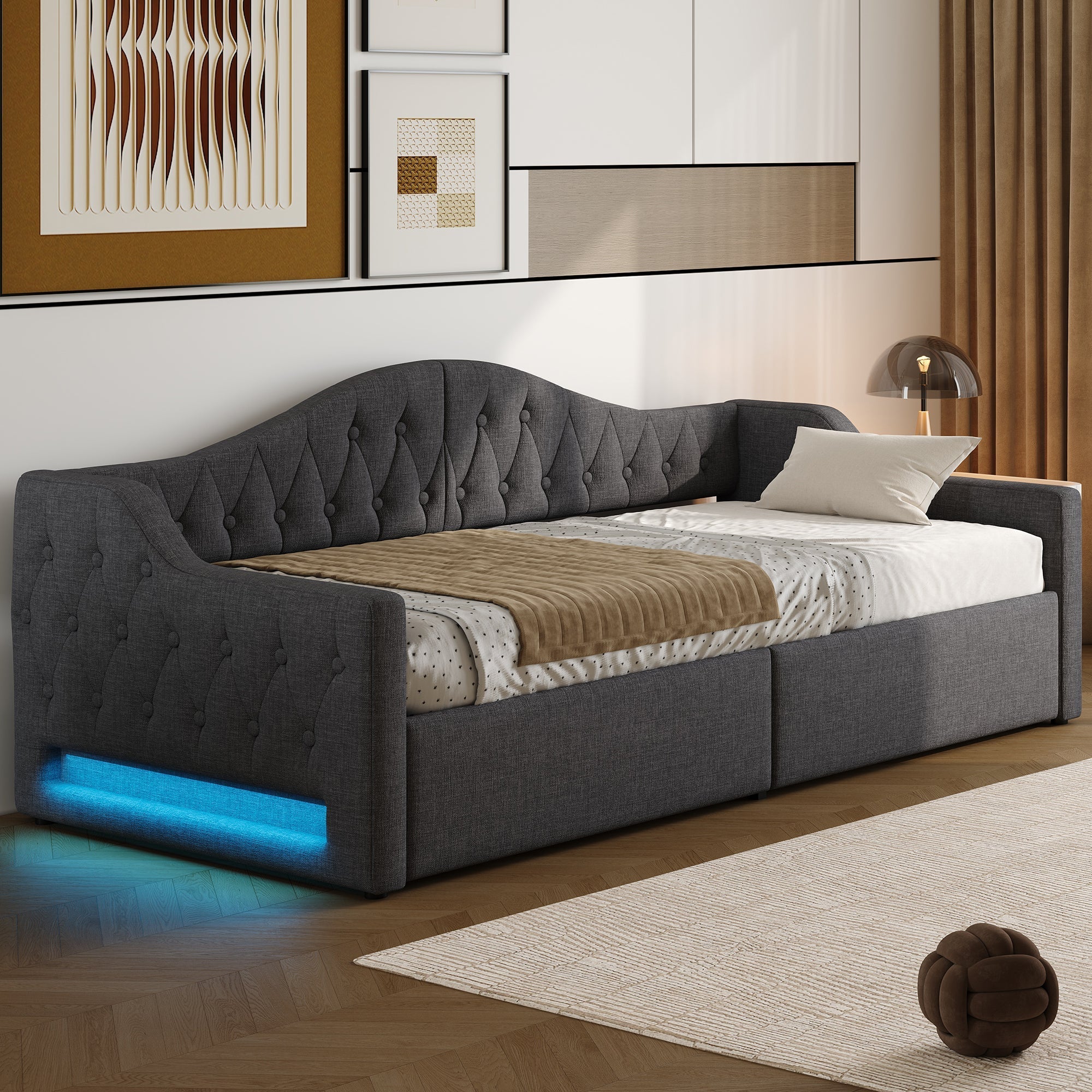Daybed Upholstered 90x200 LED Storage - Grey