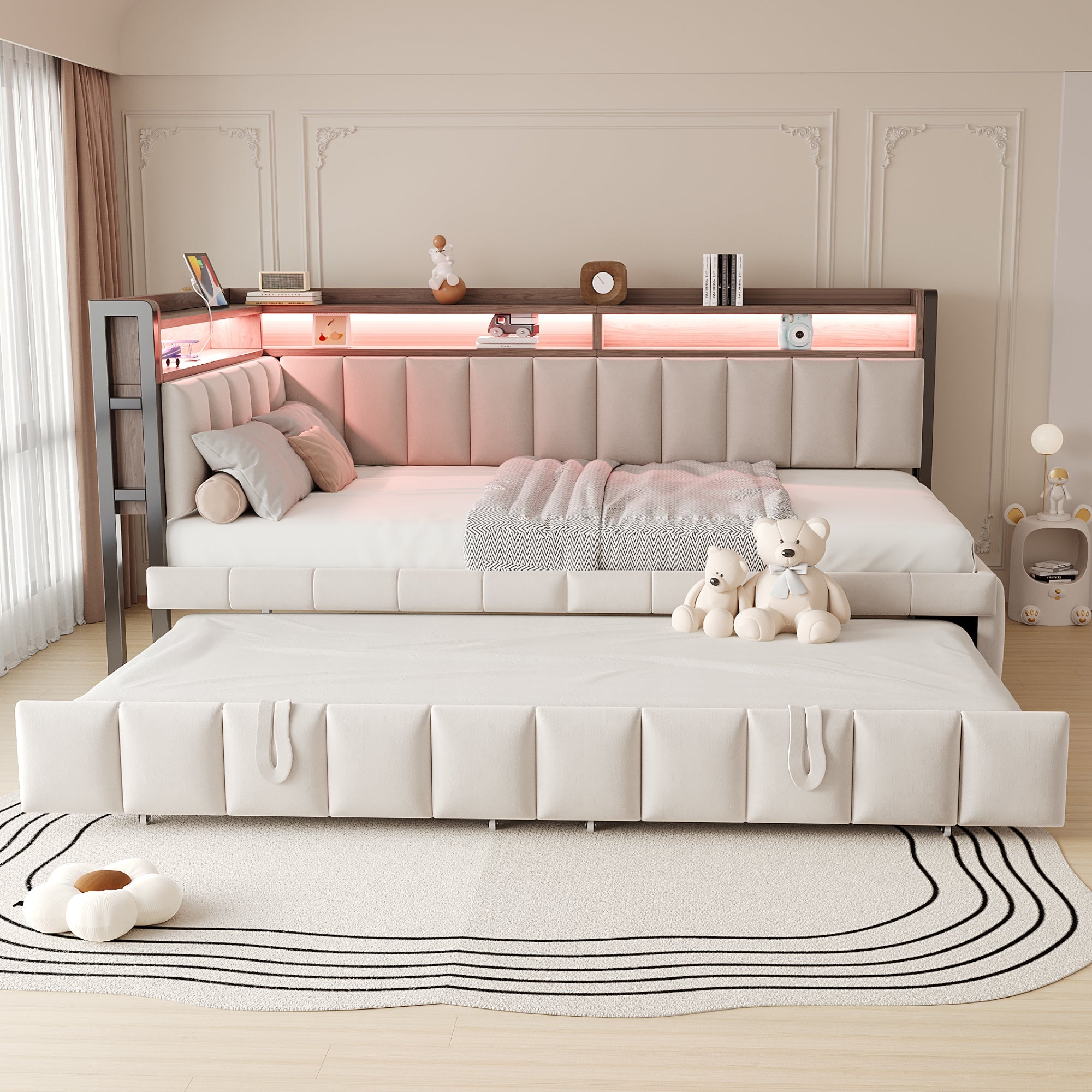 Upholstered Sofa Bed with Pull-out Bed, LED Lighting, Storage and USB Ports, 90x200cm, Beige Velvet