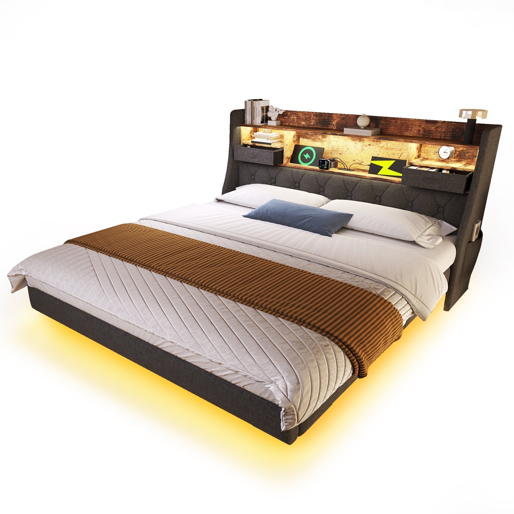 Upholstered Bed 140x200cm Floating LED Charging Station Storage Headboard Linen, Grey
