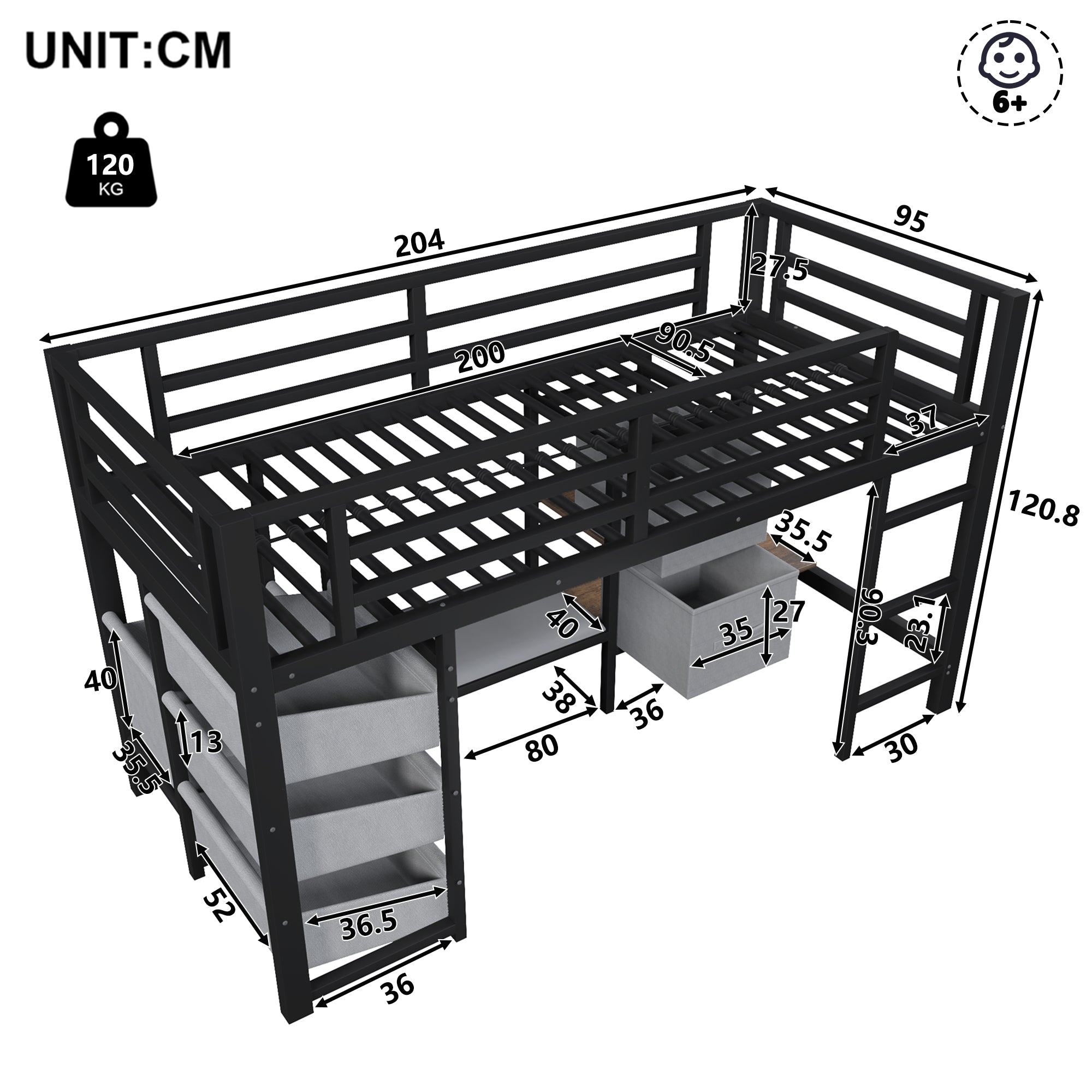 Mid-Height Bed with LED Lighting and Fabric Storage, 90x200 cm, Black Metal