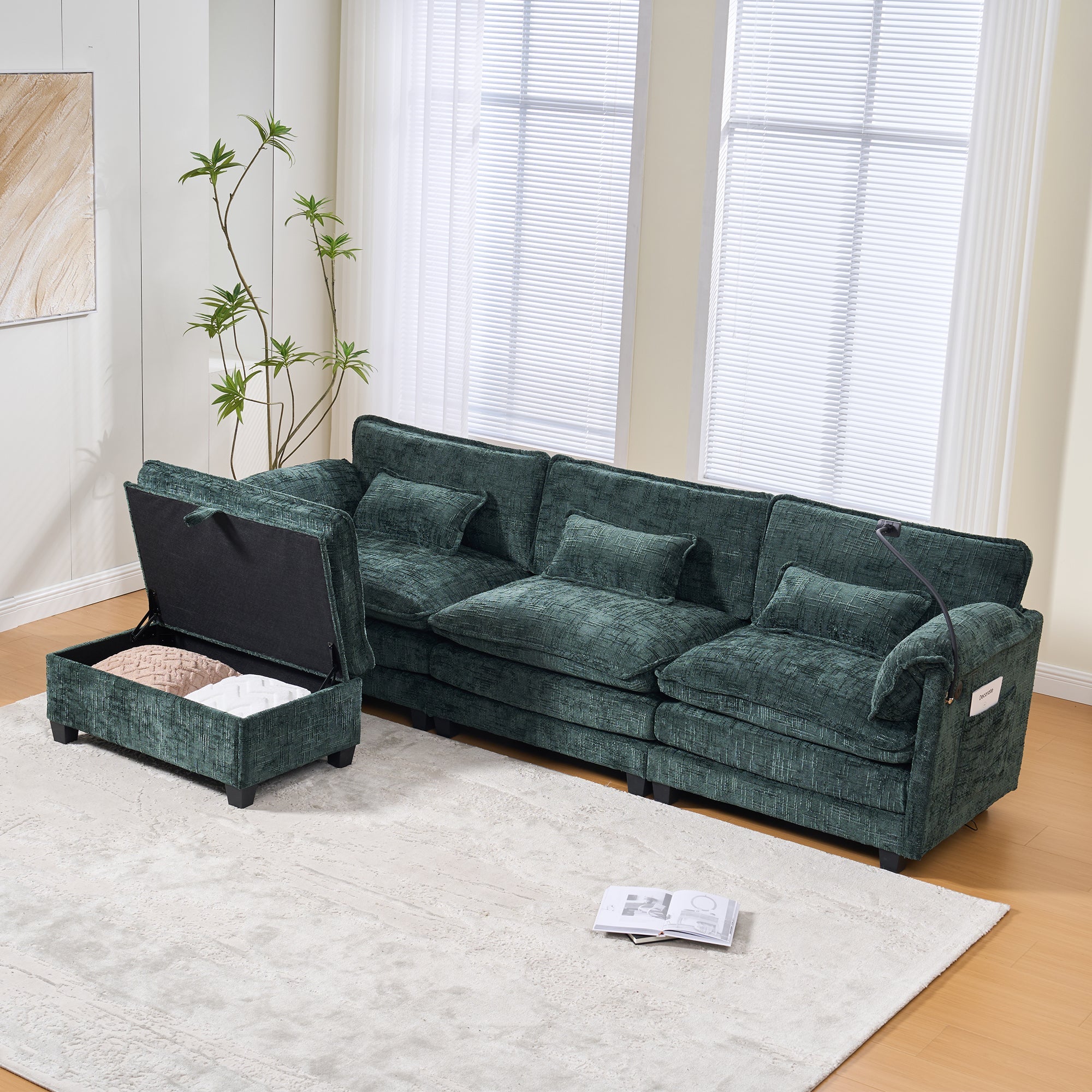 Modern 2-seater Sofa, USB Port Side Storage, Modular Footstool, Chenille Emerald