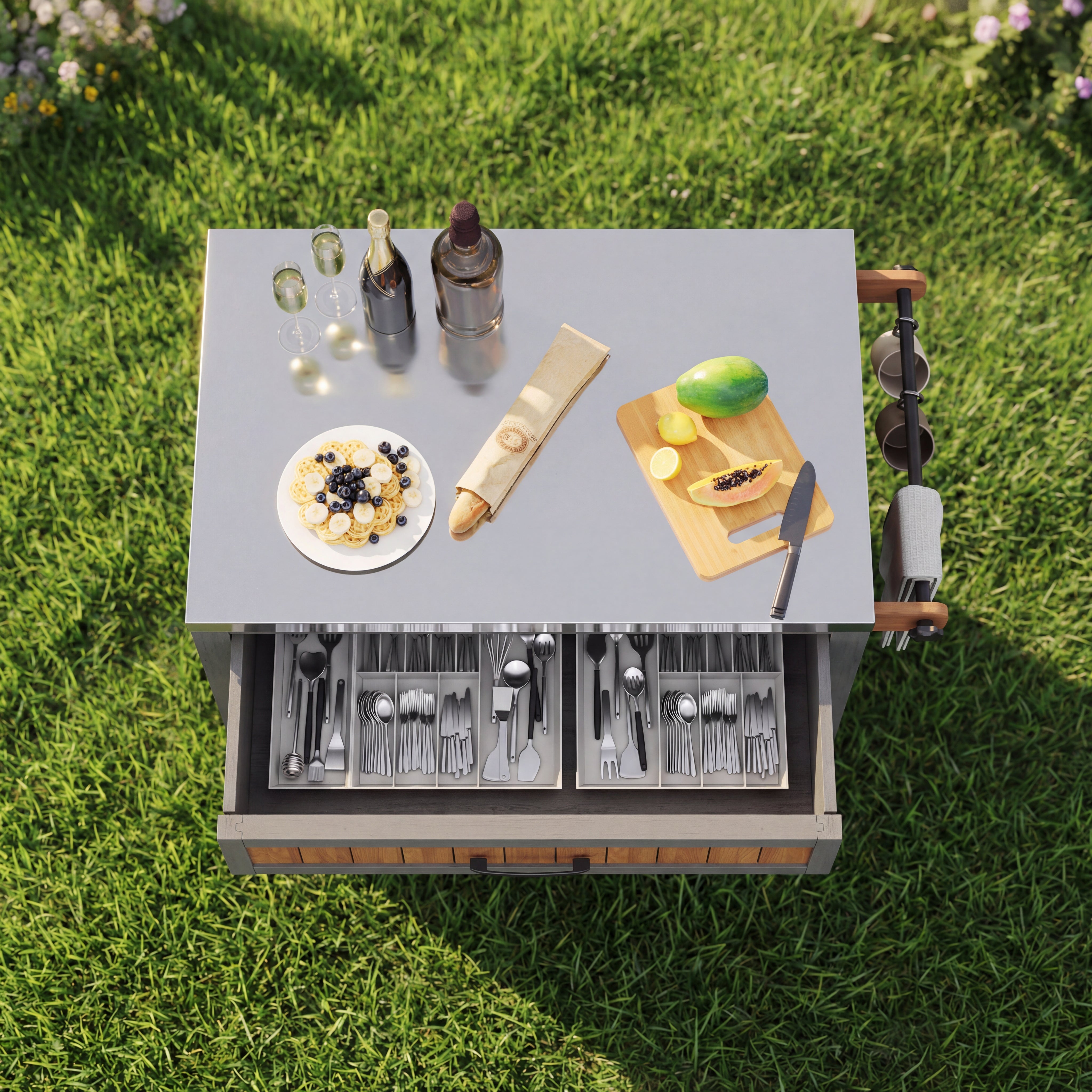 Garden Cabinet with Wheels, Drawer and Towel Rack, Stainless Steel Worktop