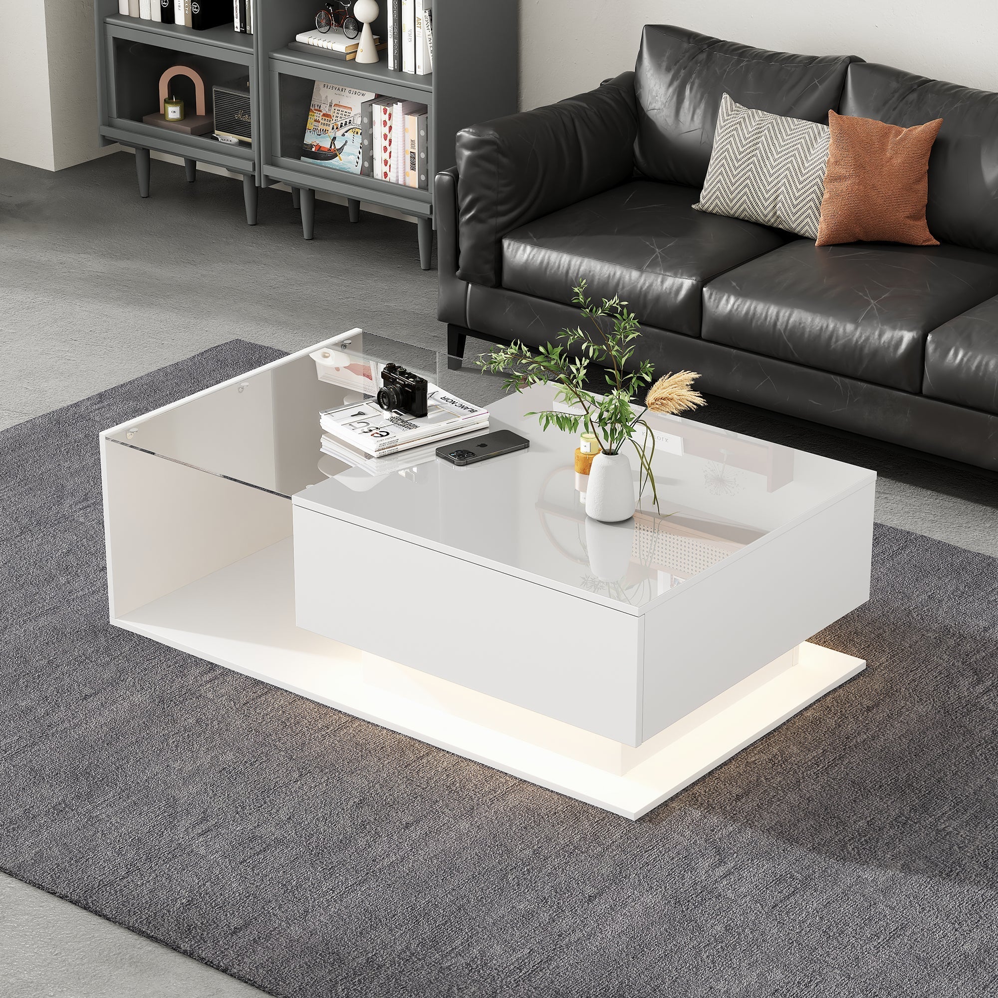 Coffee Table with Glass Top & Drawers, LED Lighting, High-Gloss White