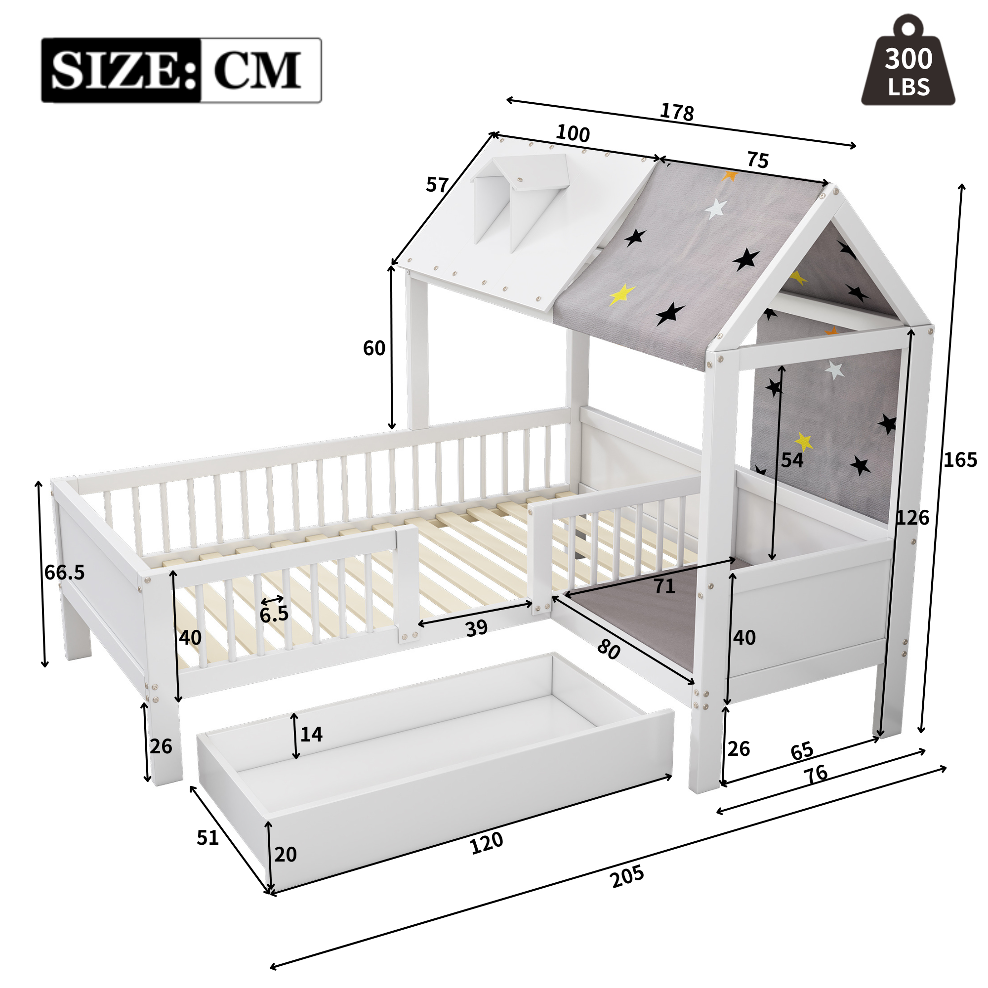 House Bed Single Multifunctional Tent Drawers 90x200cm - White Wood