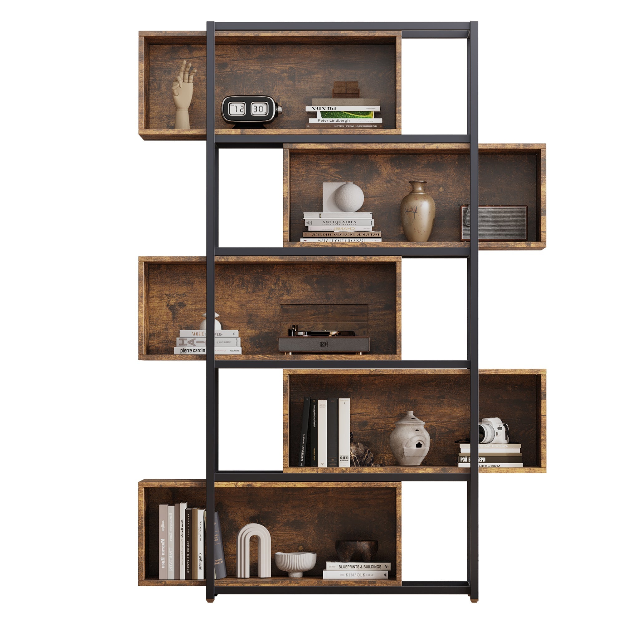 Bookshelf, 5 Tier with Shelves, Brown Wood Grain & Black Steel
