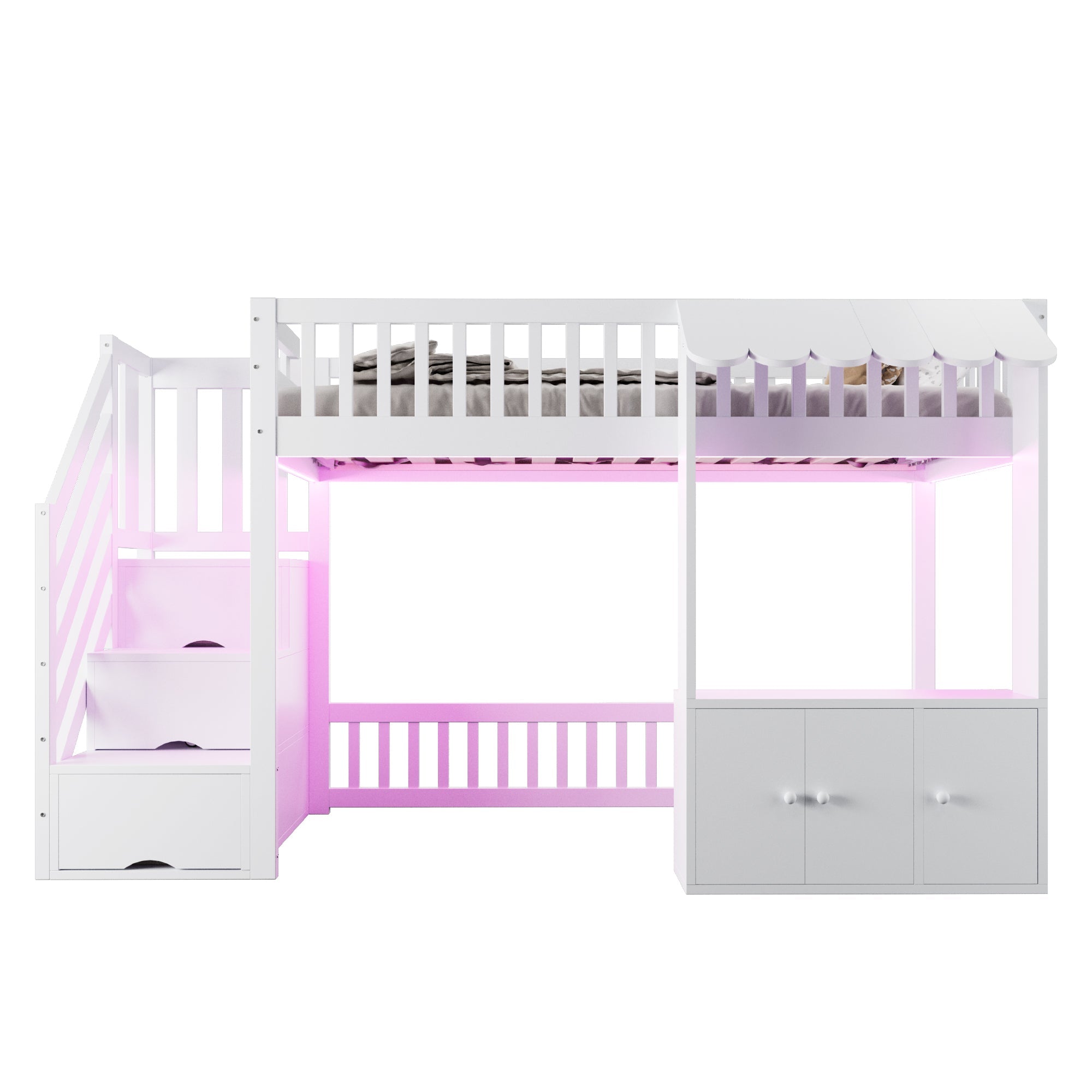 Wooden Loft Bed with Storage Wardrobe, Stairs and LED Light, 90x200cm, White Wood