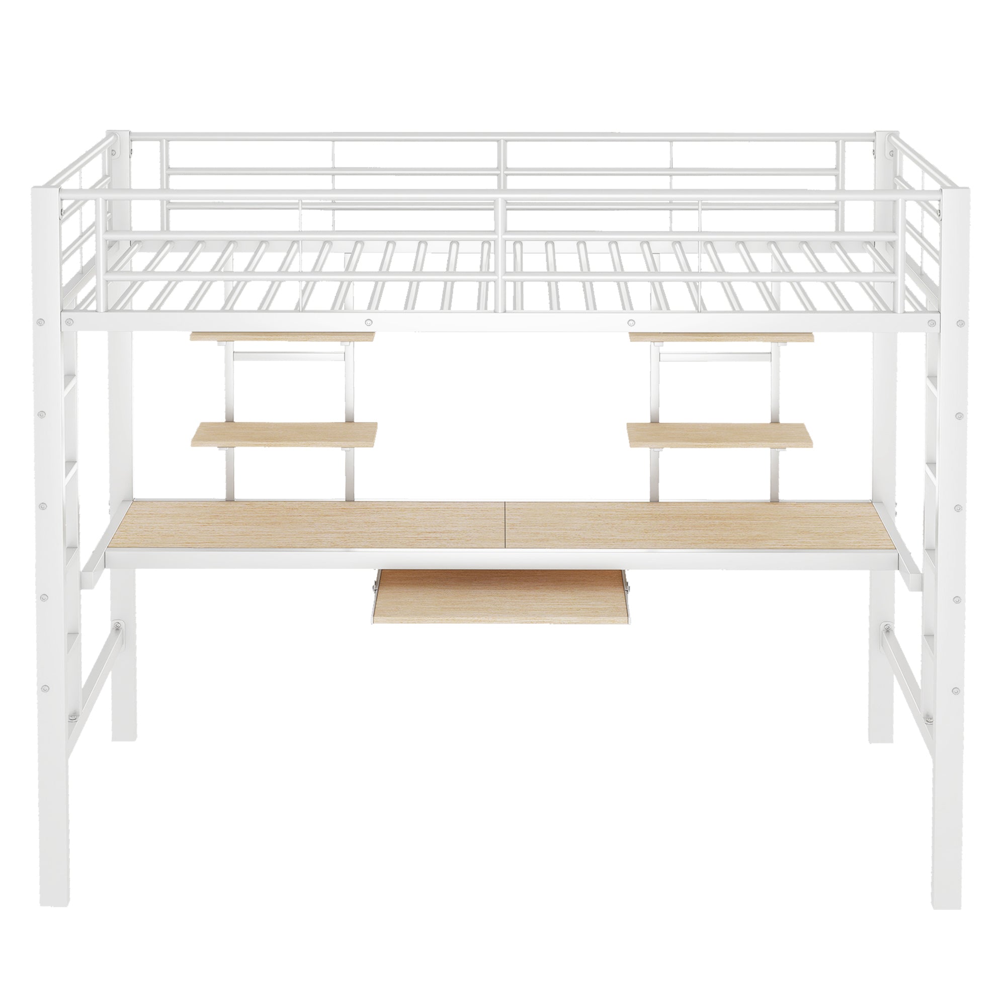 Loft Bed 90x200cm Metal Frame with Desk and 2 Bookshelves White