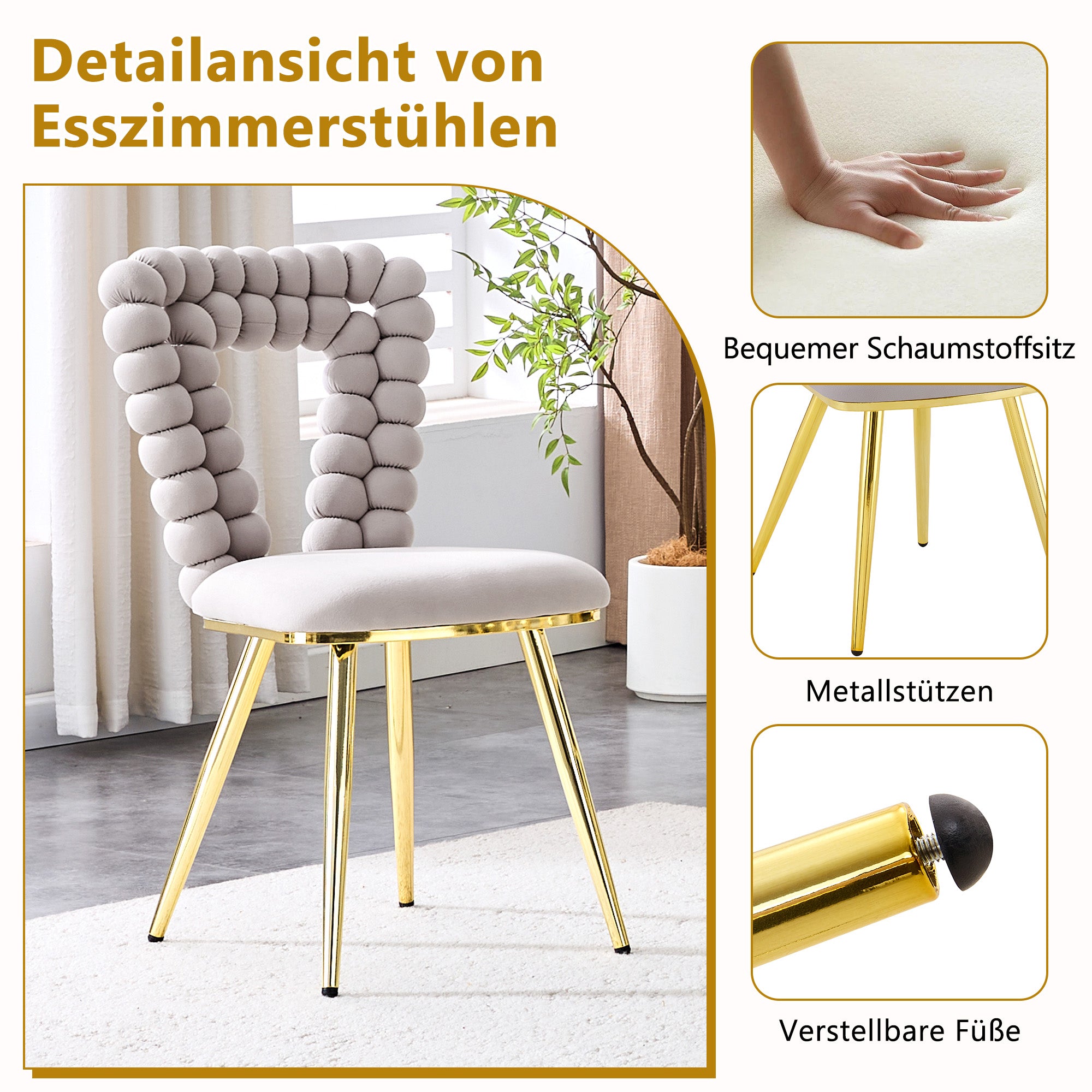 Dining Chairs (Set of 2) Triangular Cutout Backrest Gold Metal Legs - Light Grey Velvet