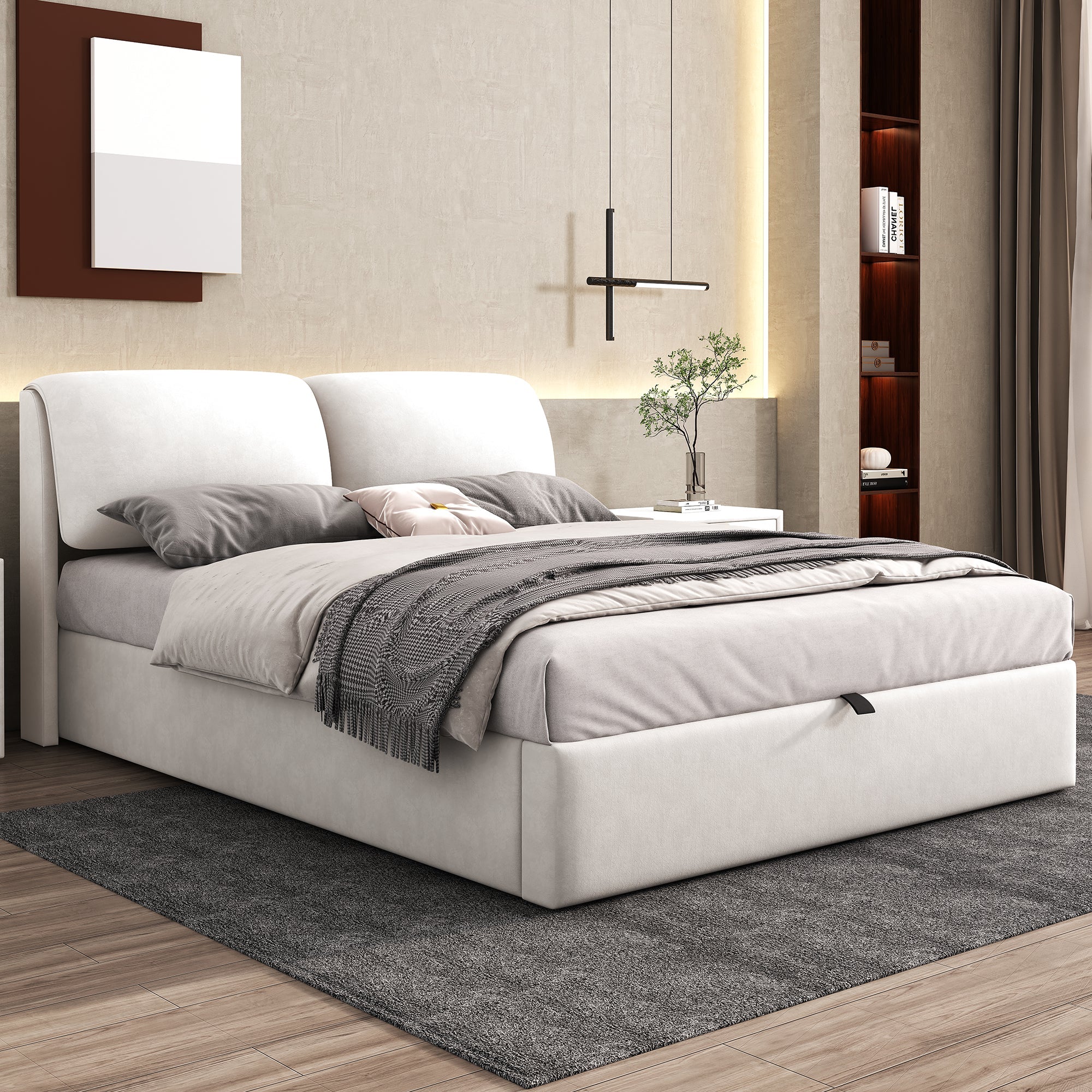Upholstered Bed with Hydraulic Storage and 3 Drawers, 140x200cm, Beige Velvet