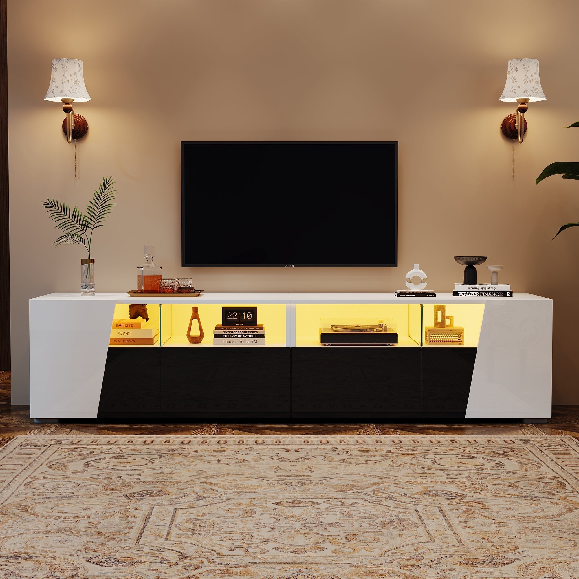 High-Gloss TV Stand 180cm LED 2 Drawers 2 Cabinets For 80 Inch TV - White/Black