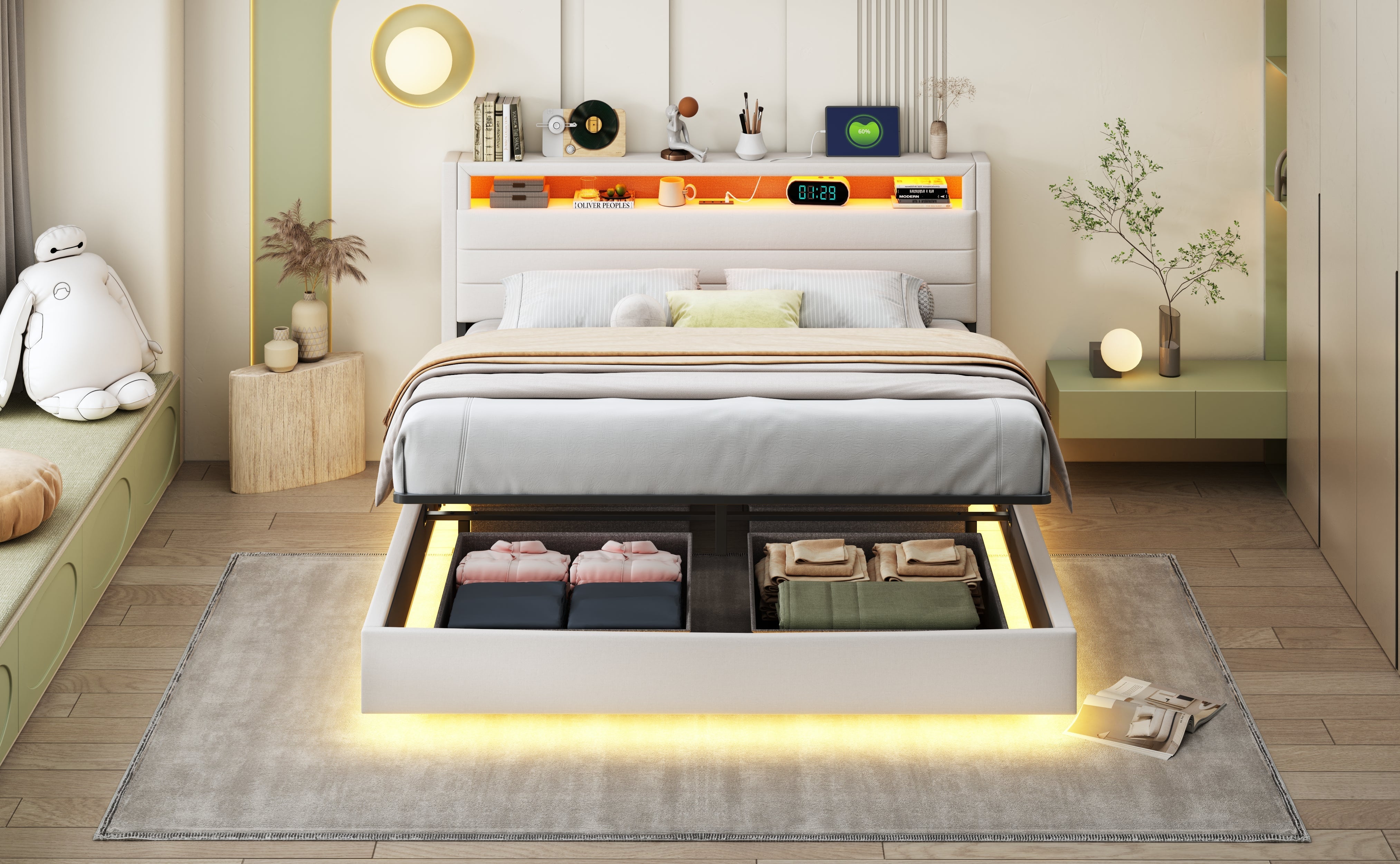 Upholstered Bed, Hydraulic Floating with Storage, USB & LED, Reversible Headboard, Linen Beige