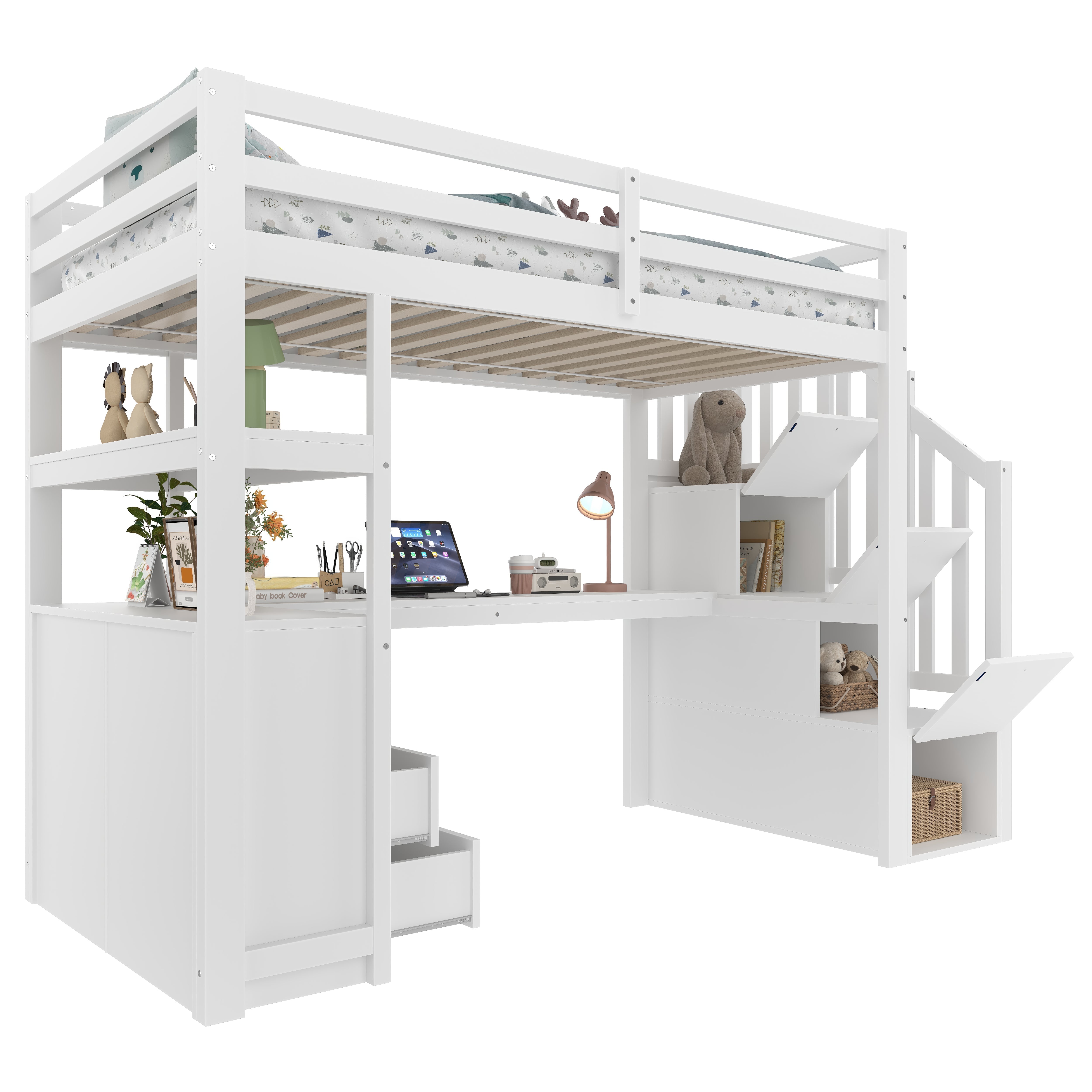 Loft Bed with Integrated Desk and Storage Ladder, 90x200cm, White