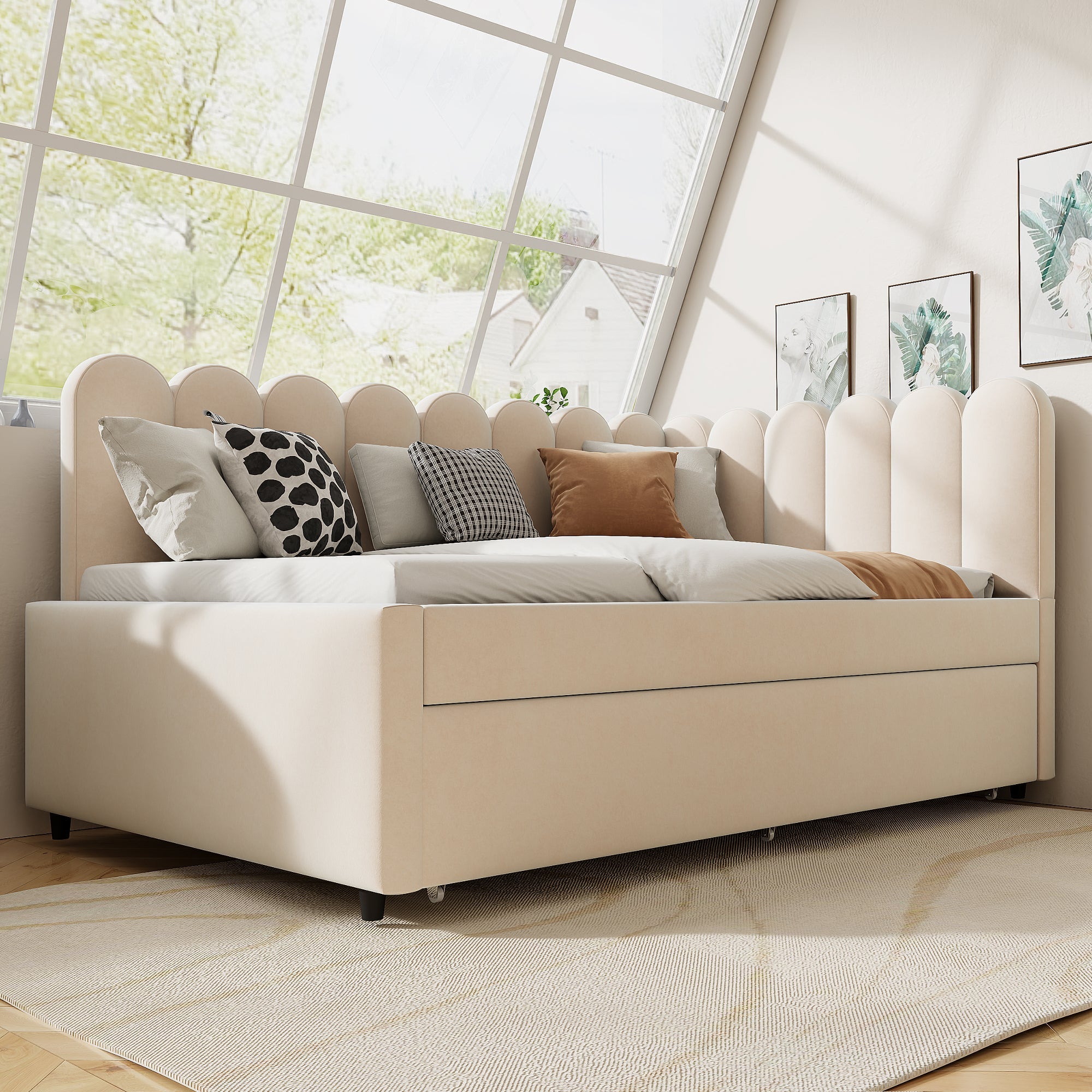 L-shaped Upholstered Bed, Sofa Bed 140x200 cm, Floral Backrest, Pull-Out Bed, Beige Velvet