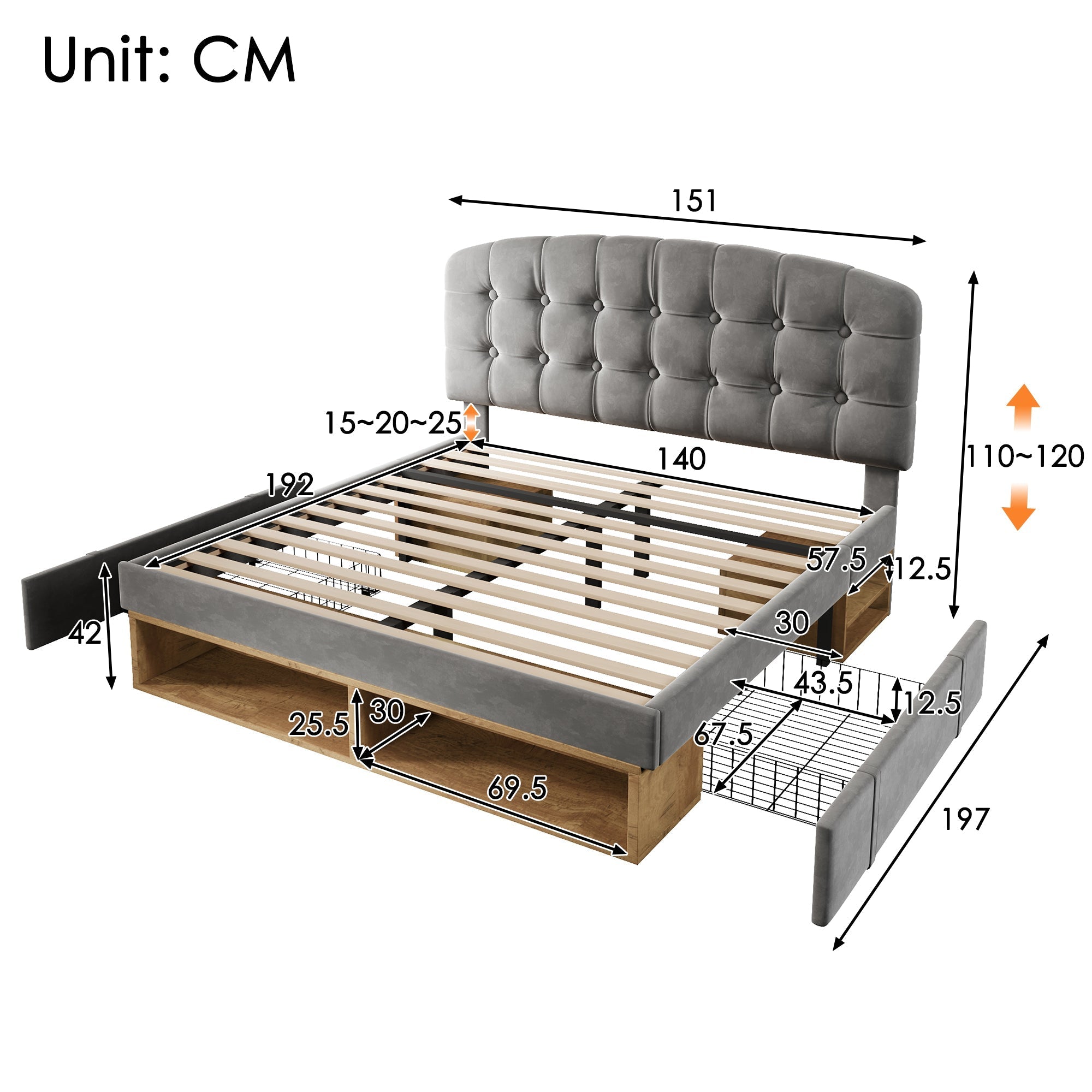 Upholstered Double Bed with Drawers, Storage and Adjustable Headboard, 140x190cm, Grey Velvet