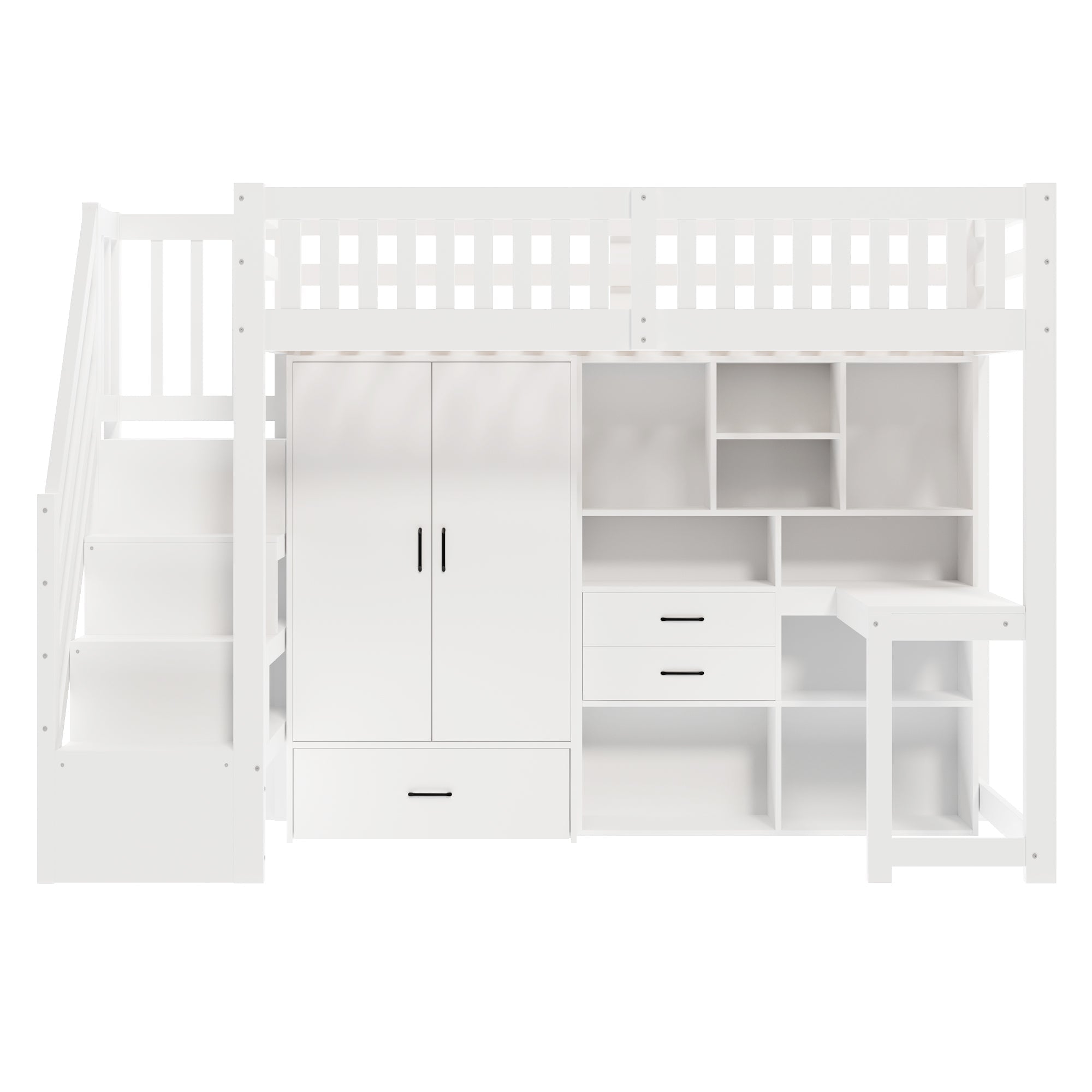 Loft Bed with Wardrobe, Desk and Storage Ladder, White