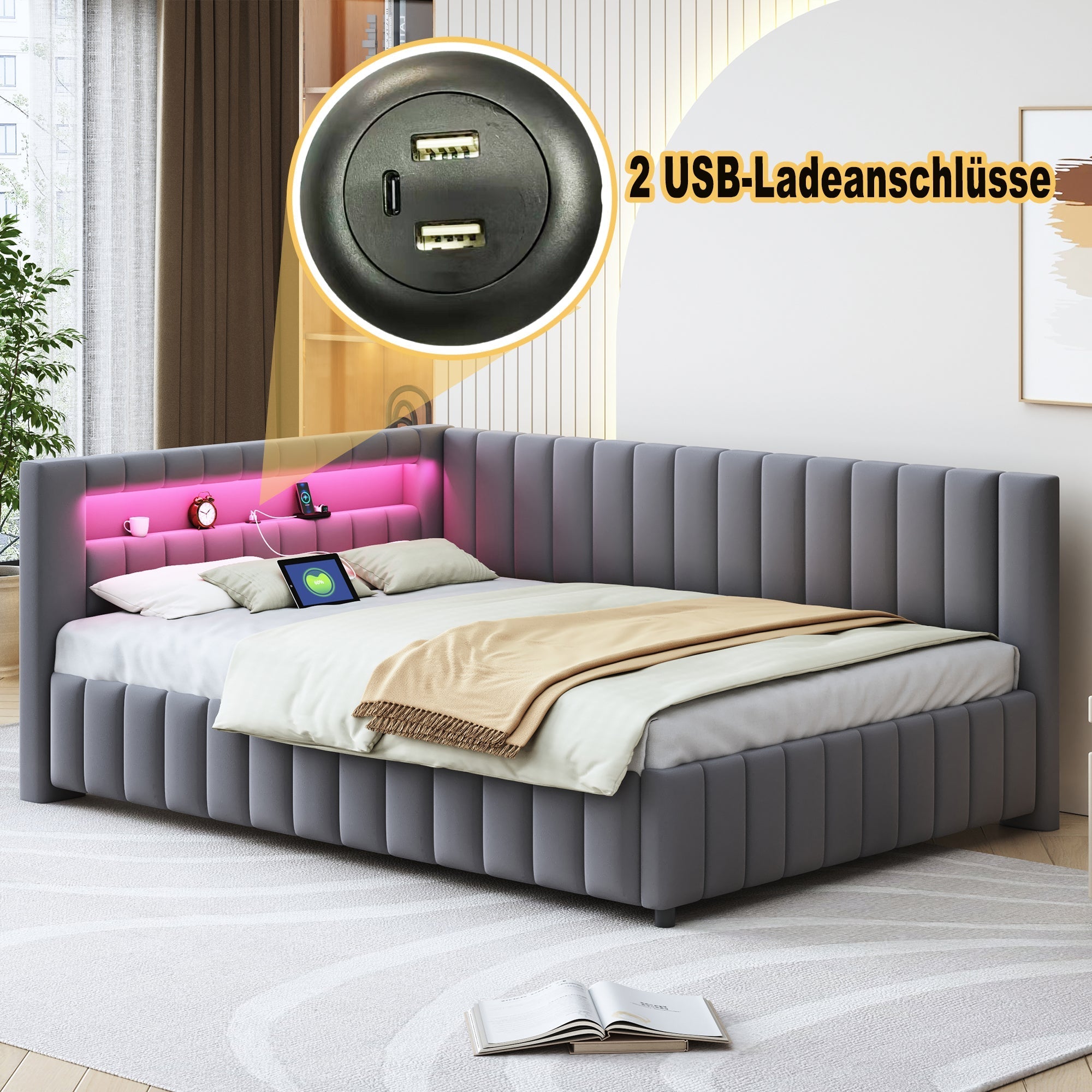 Upholstered Sofa Bed 140x200 with LED & USB, Velvet Grey