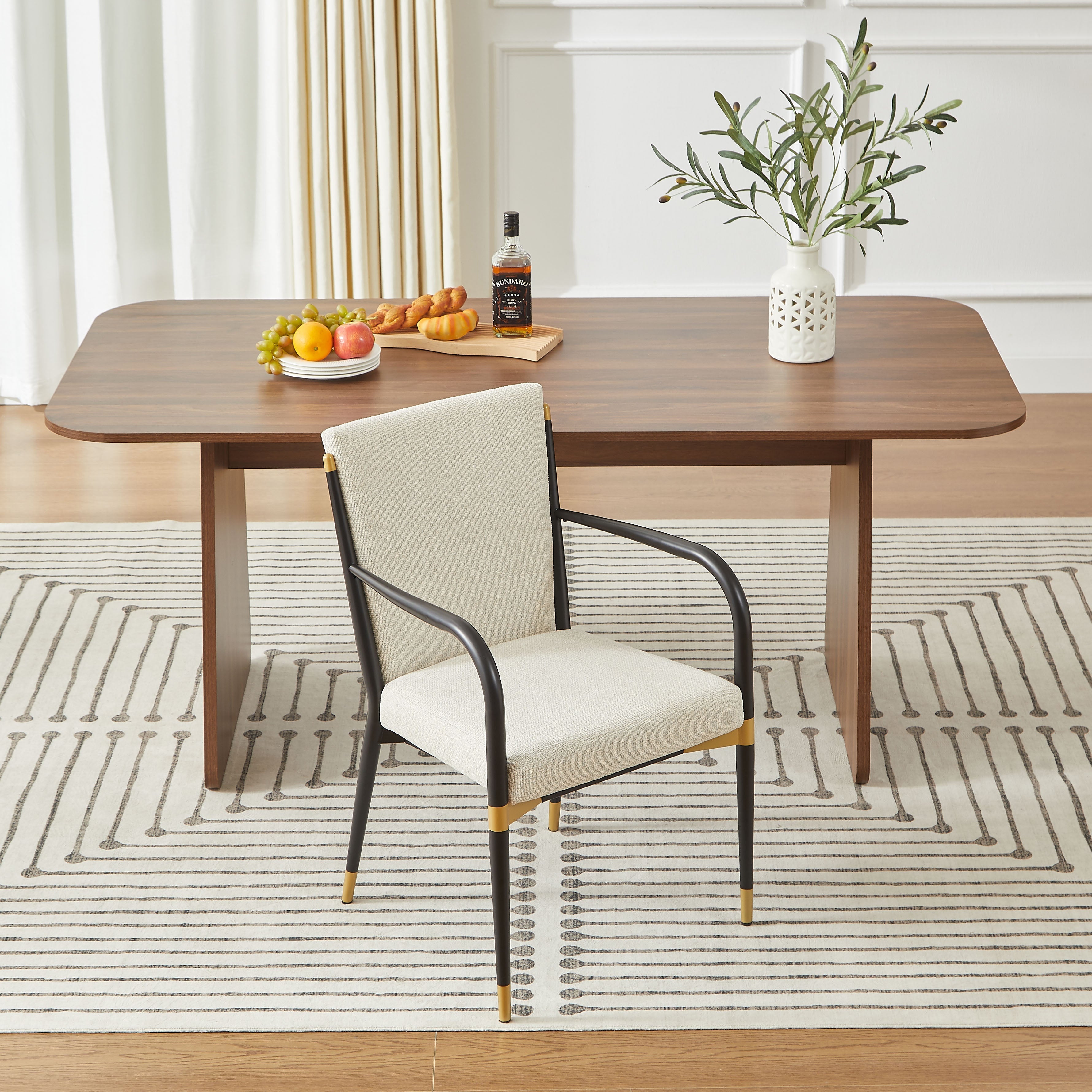 Set of 2 Dining Chairs Modern Scandinavian Upholstered Armrests - Cream Fabric