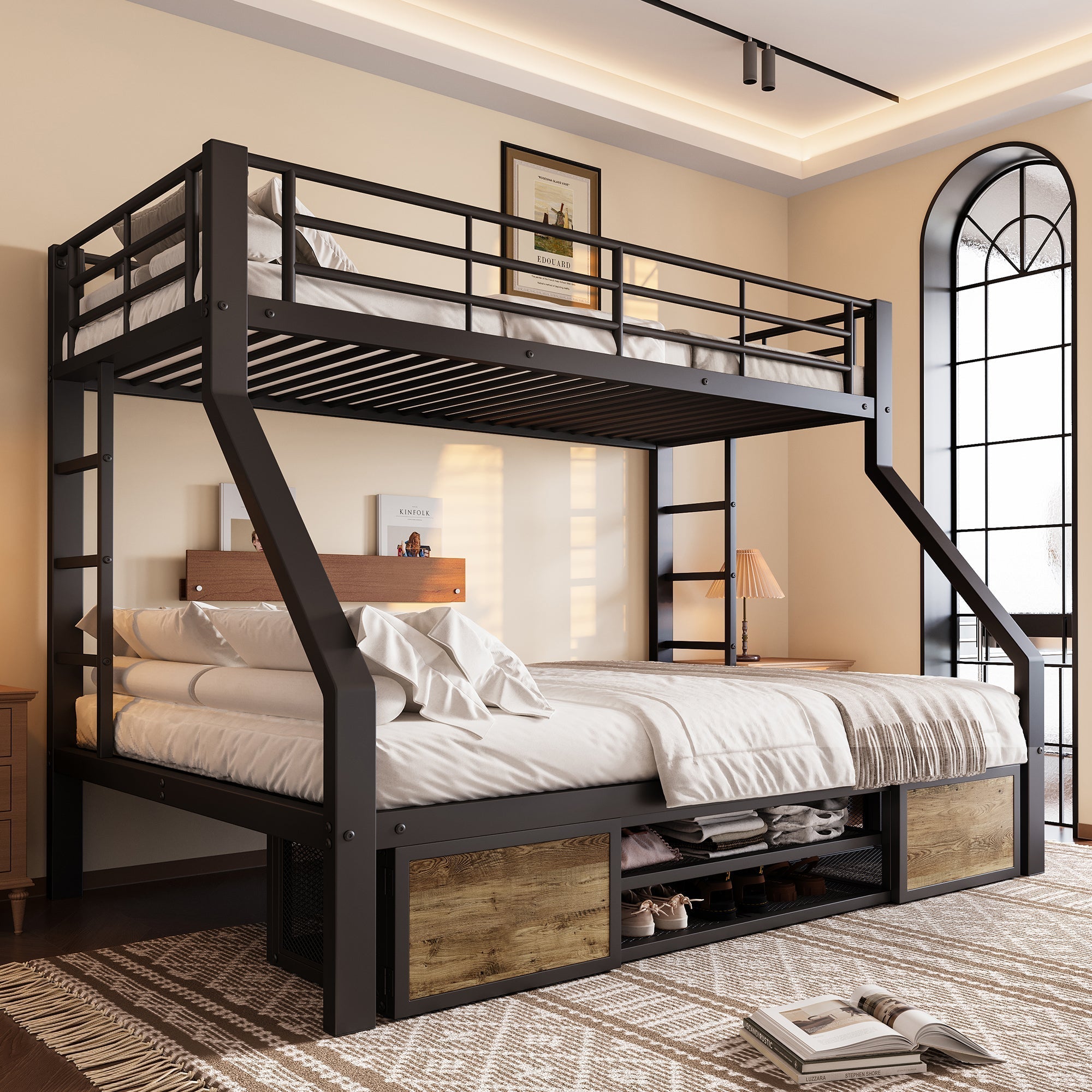 Bunk Bed for Children with Shoe Rack, Storage Compartments and Safety Rails, Black