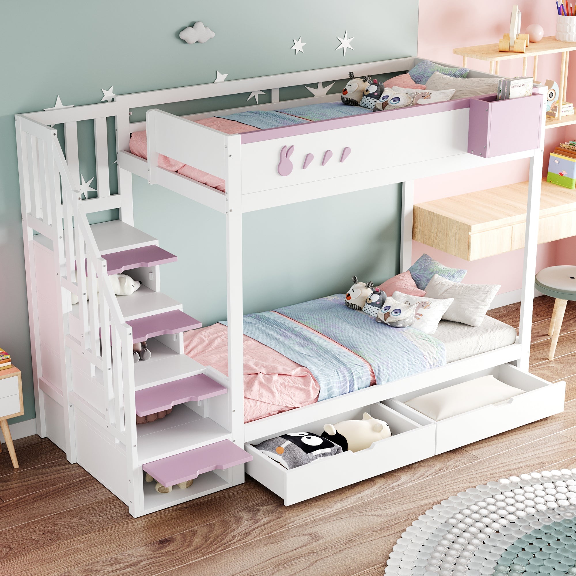 Children's Bunk Bed 90x200cm Rabbit & Carrot Motif Storage Ladder Drawers, White & Pink